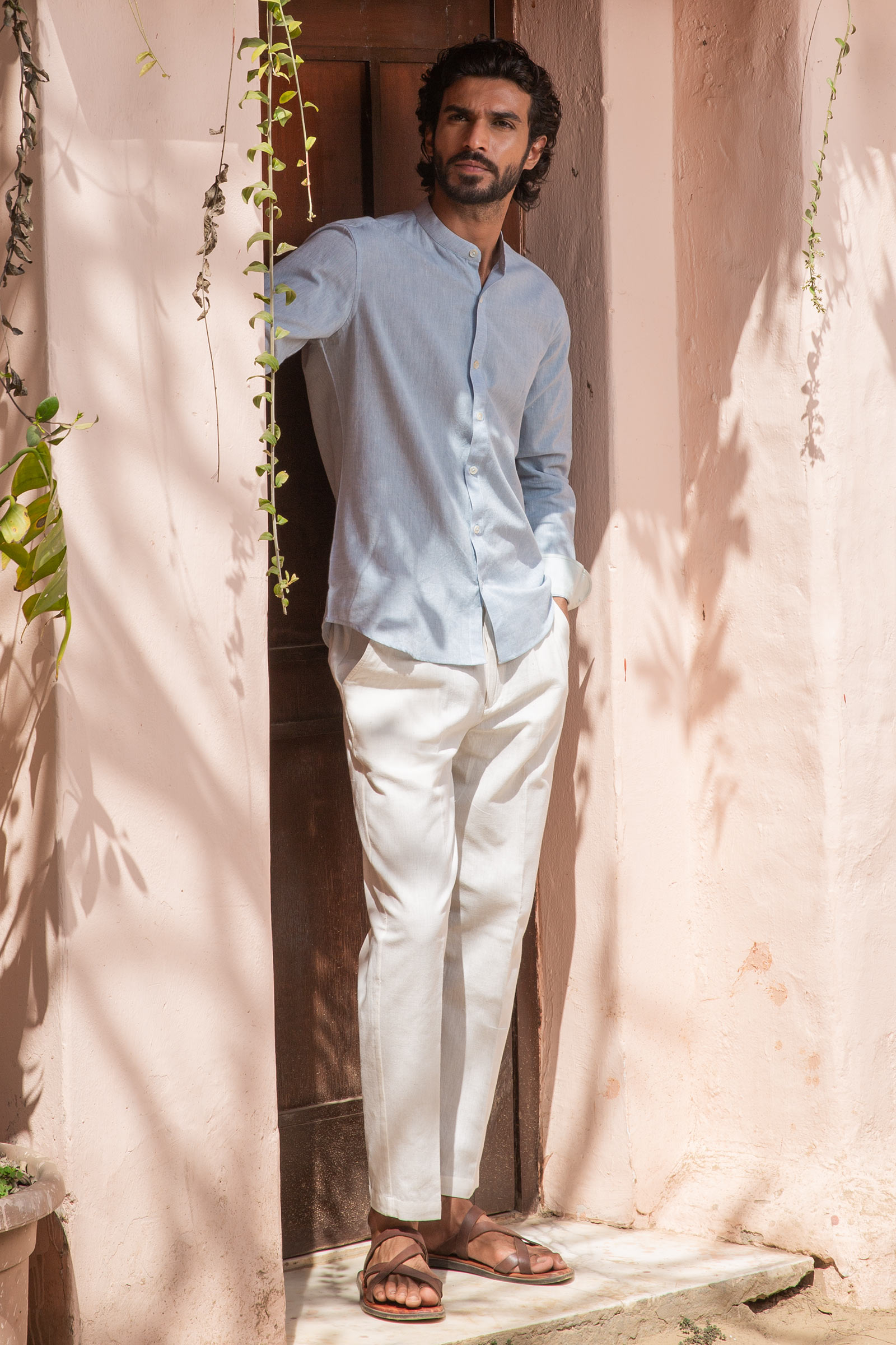 Buy Blue Handcrafted Linen Shirt For Men Fgmns Farida Gupta