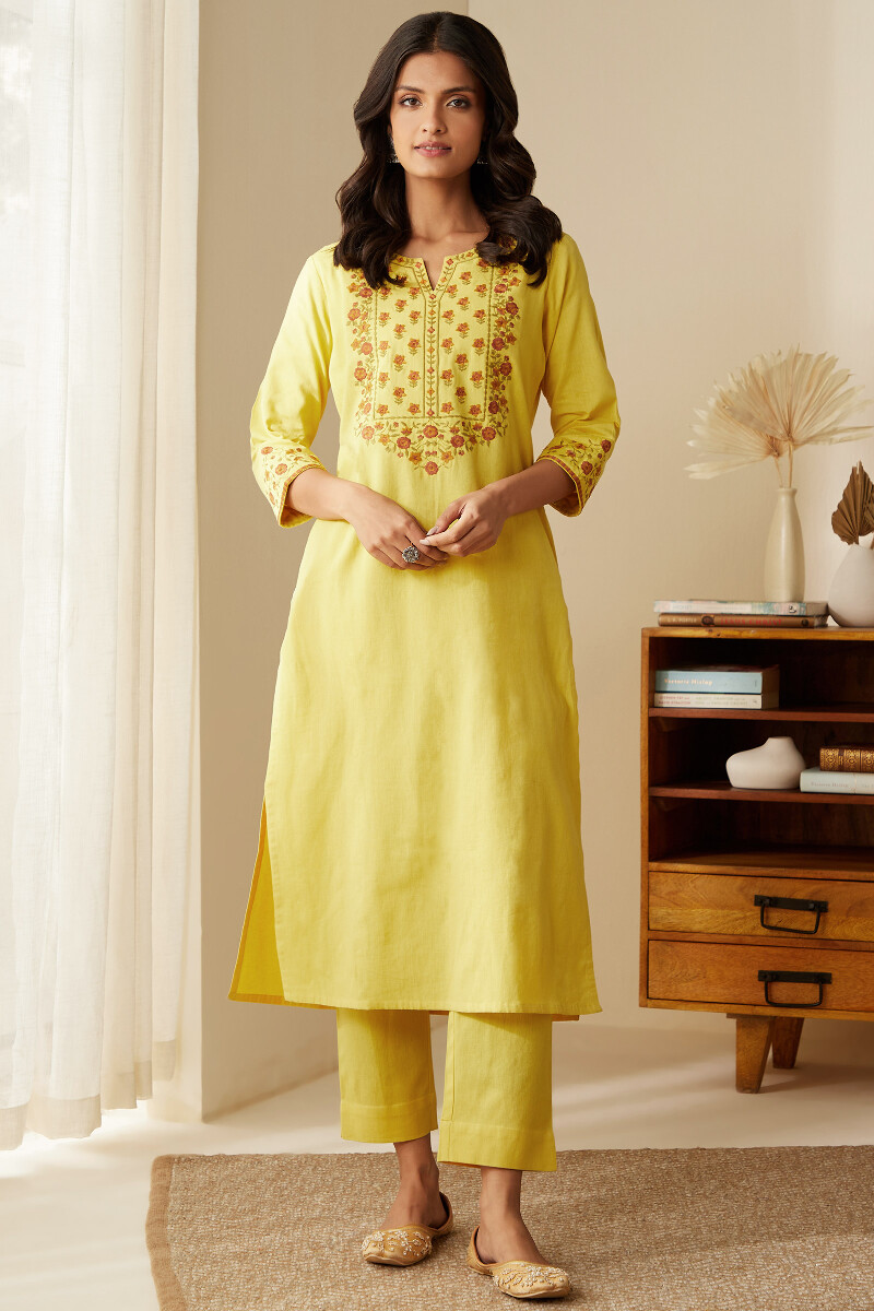 Buy Yellow Handcrafted Straight Cotton Linen Kurta For Women Fgmk