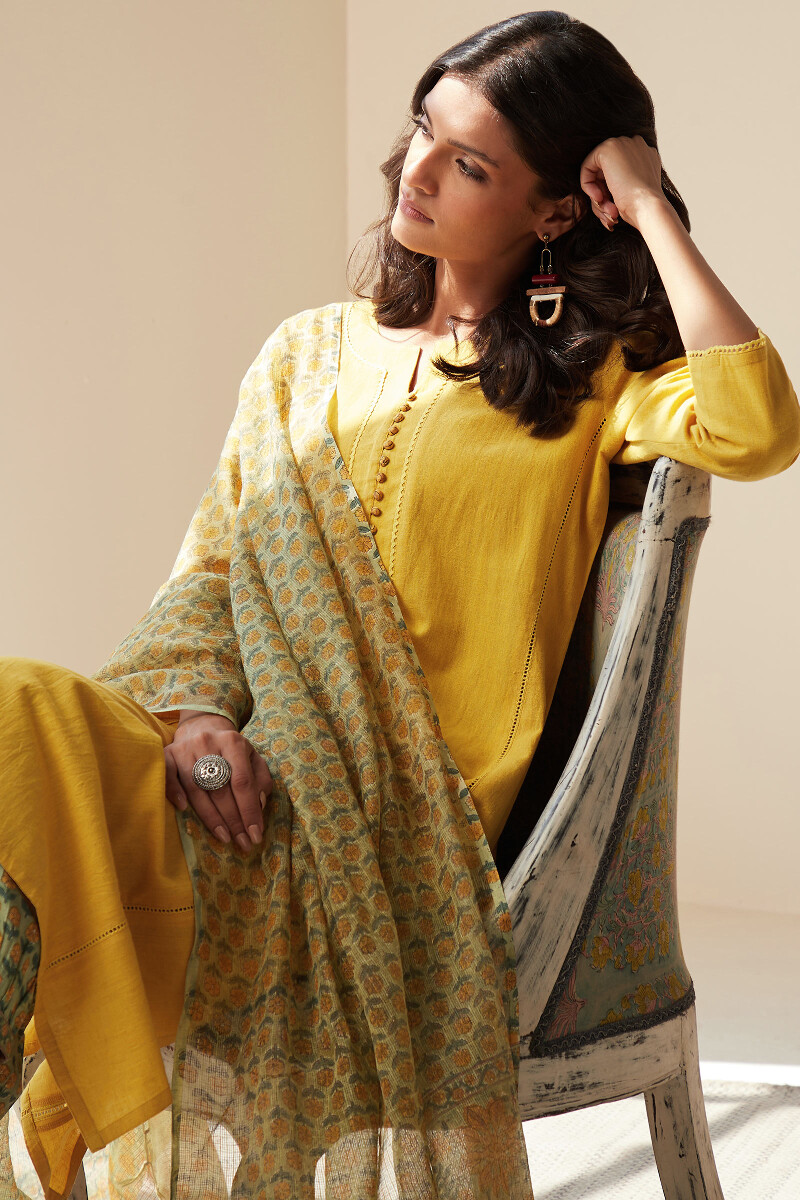 Buy Mustard Yellow Handcrafted Straight Cotton Flax Kurta For Women