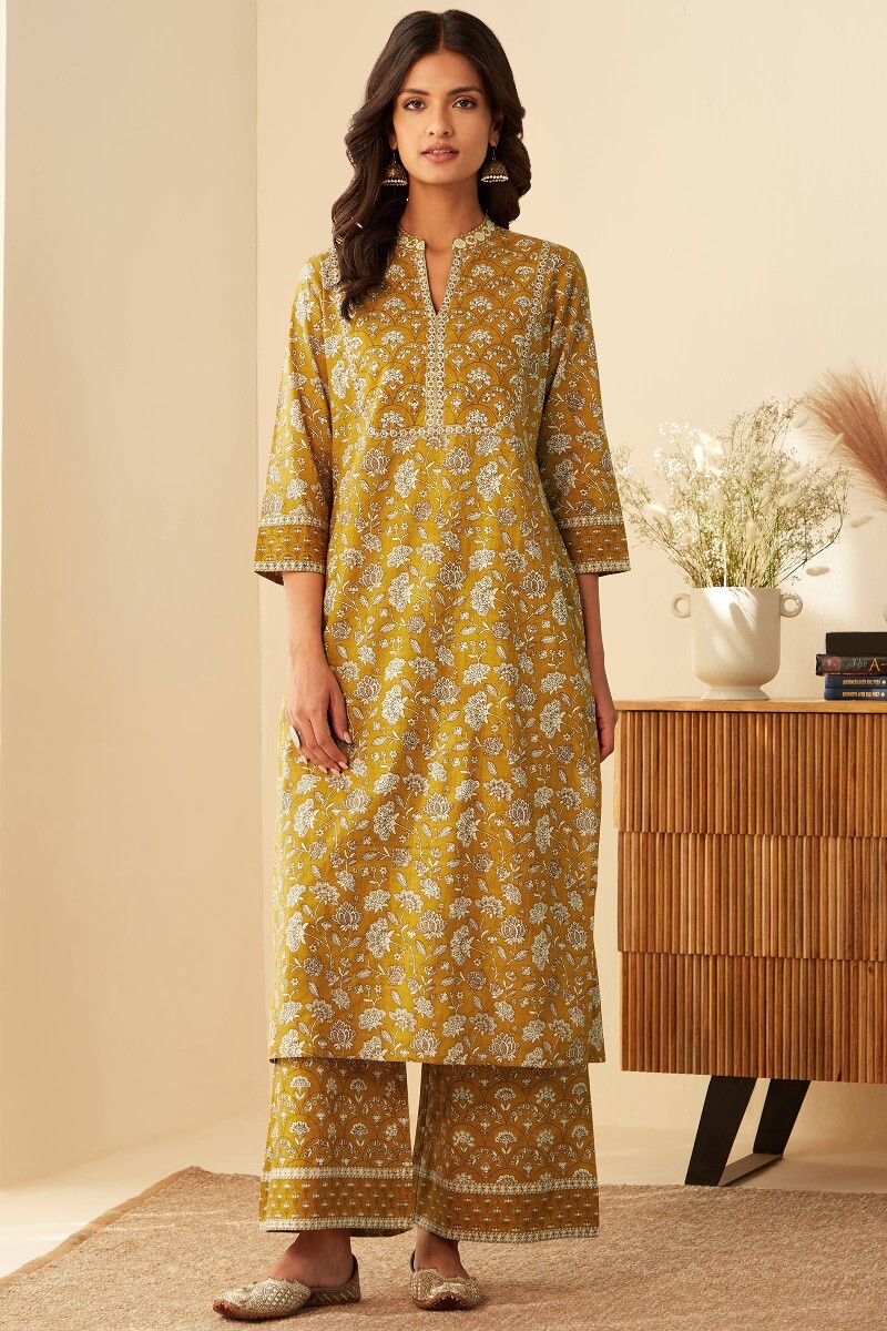 Buy Mustard Hand Printed Straight Cotton Slub Kurta For Women Fgmk