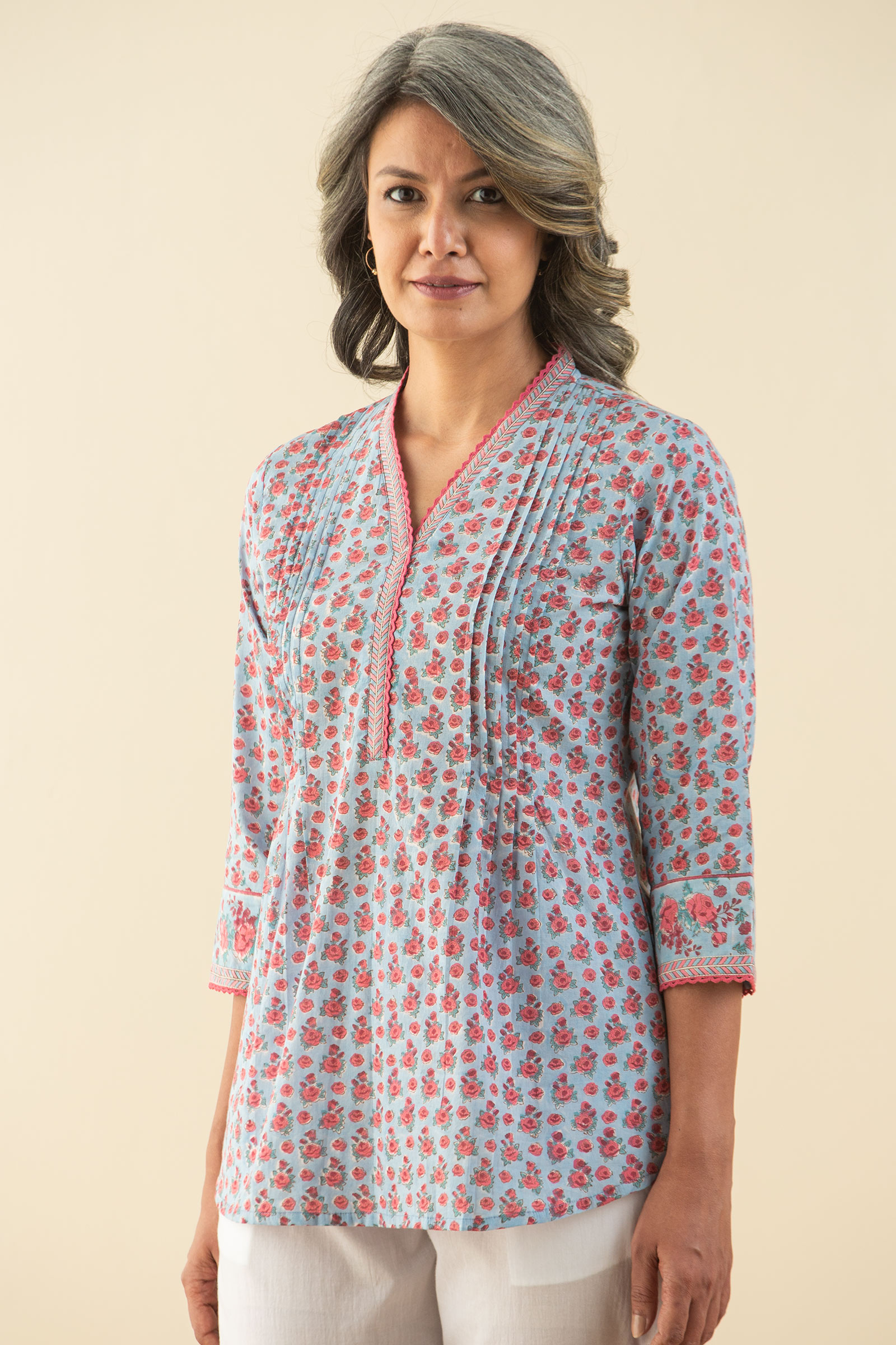 Buy Blue Block Printed Cotton Top for Women | FGT21-06 | Farida Gupta