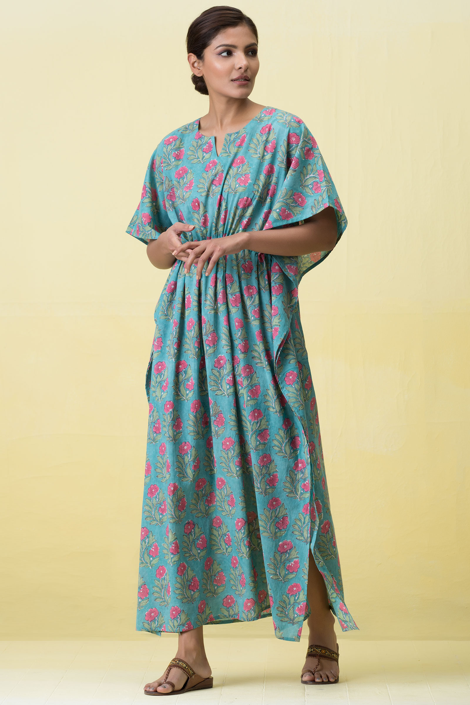 Buy Blue Block Printed Cotton Kaftan for Women | FGKF21-01 | Farida Gupta