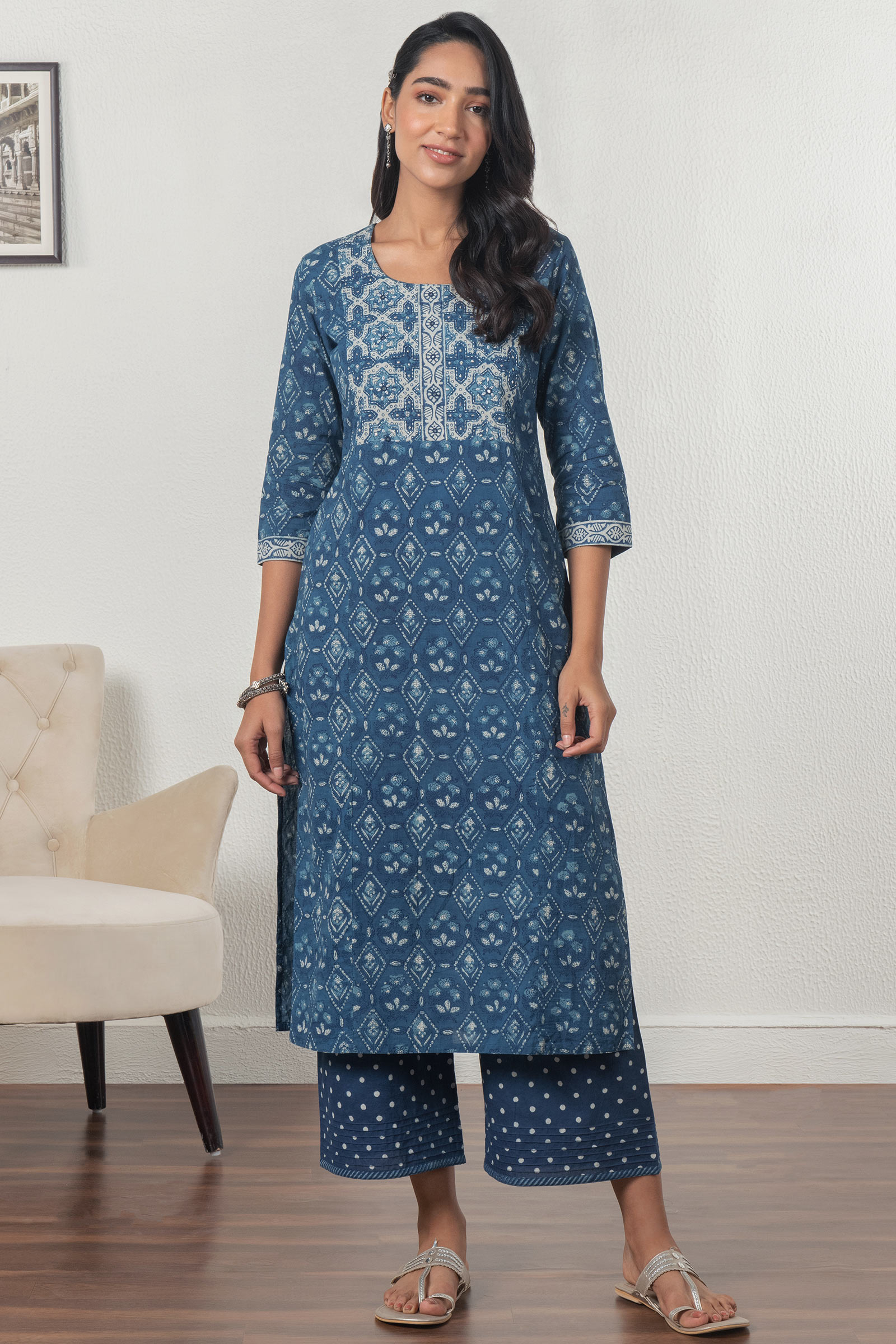 Buy Indigo Block Printed Cotton Farsi for Women | FGF22-55 | Farida Gupta