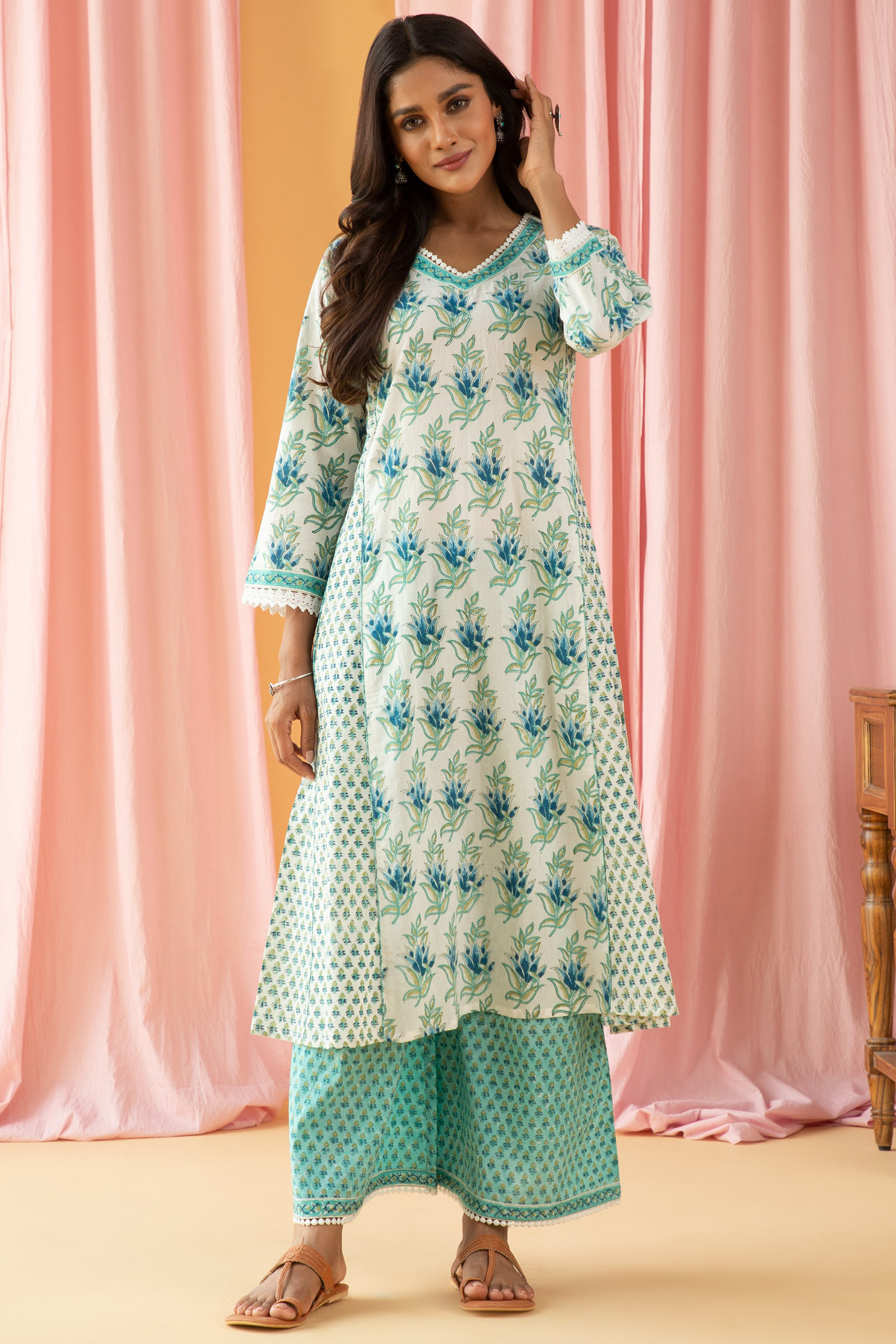 Buy White Block Printed A-Line Cotton Kurta for Women | FGMK21-155 ...