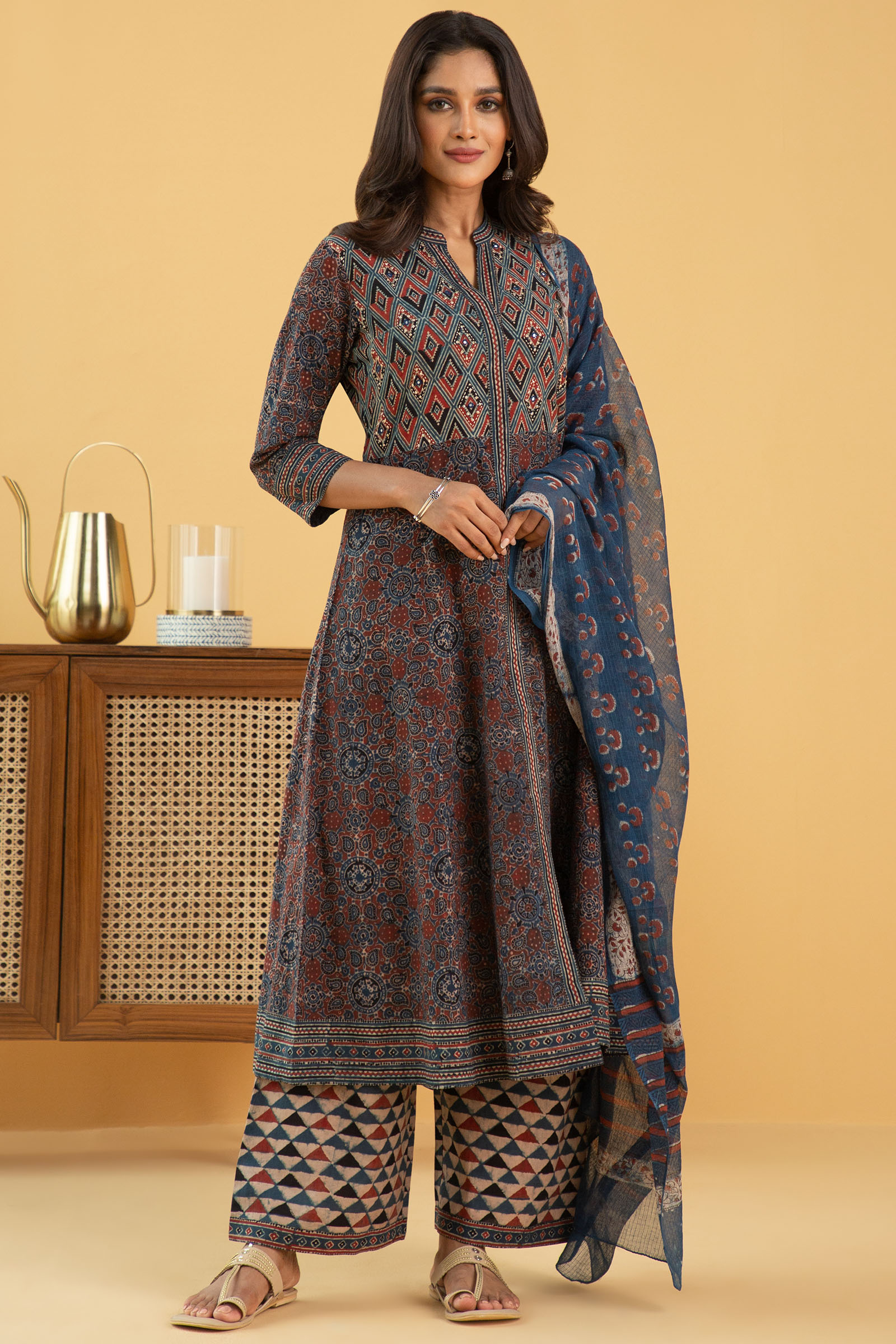 Buy Indigo Block Printed A-Line Cotton Kurta for Women | FGMK21-162 ...