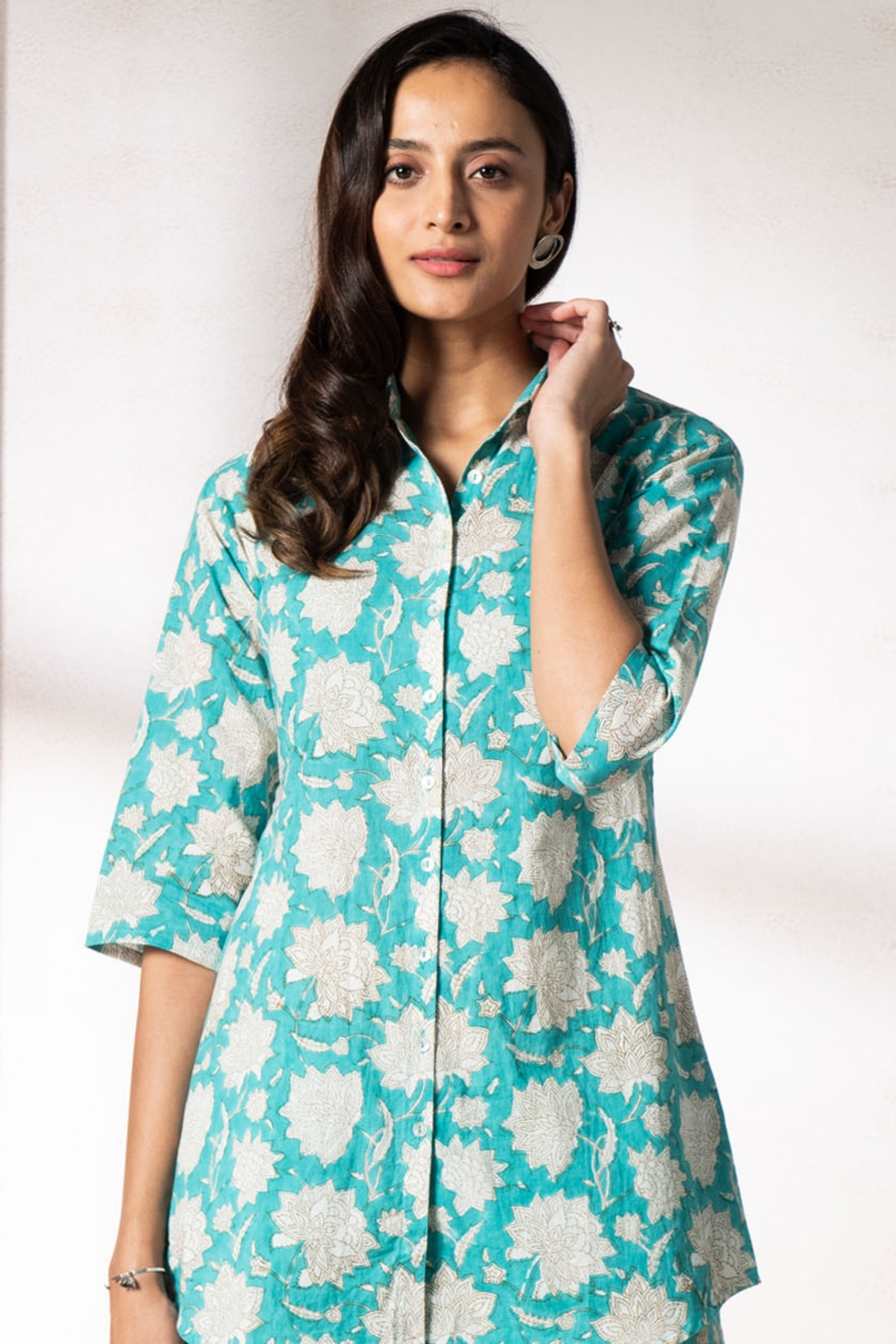 Buy Turquoise Block Printed Cotton Pyjama Set for Women | FGNSET21-29 ...