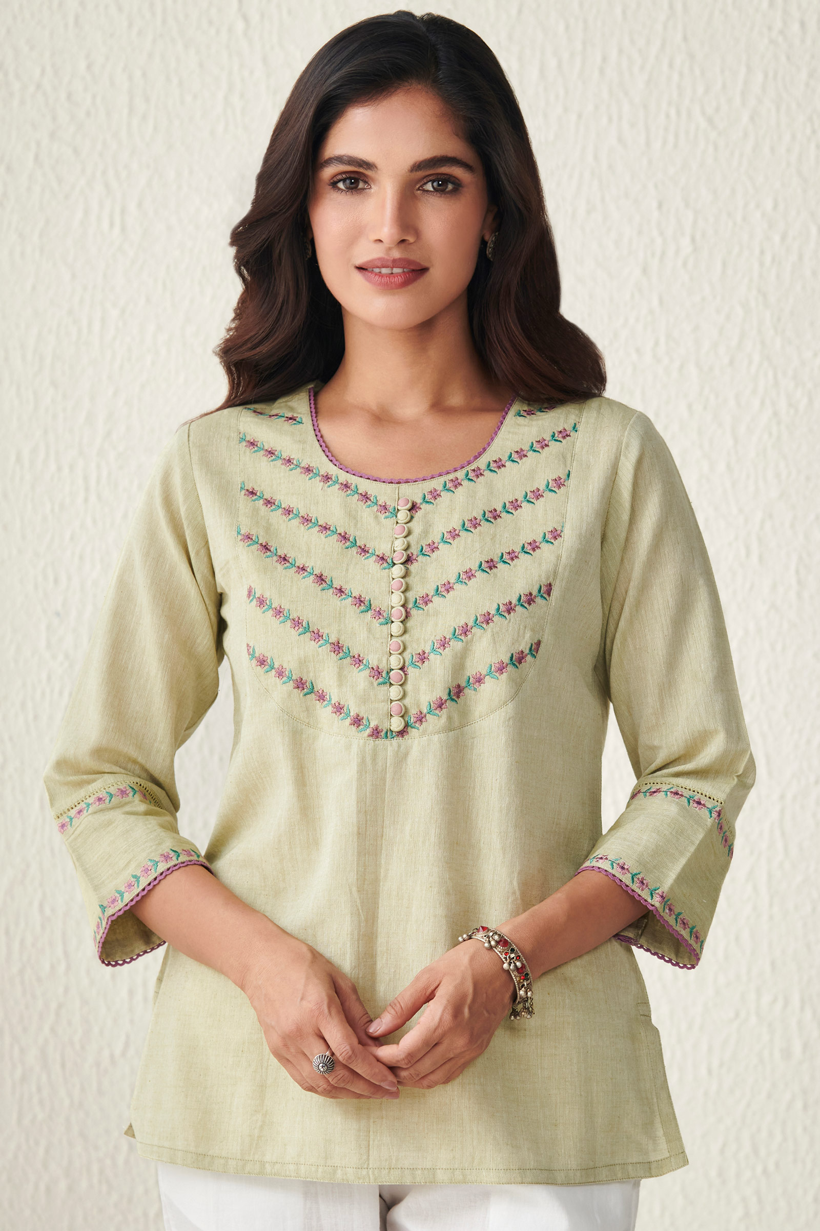 Buy Green Handcrafted Cotton Top for Women | FGT22-19 | Farida Gupta
