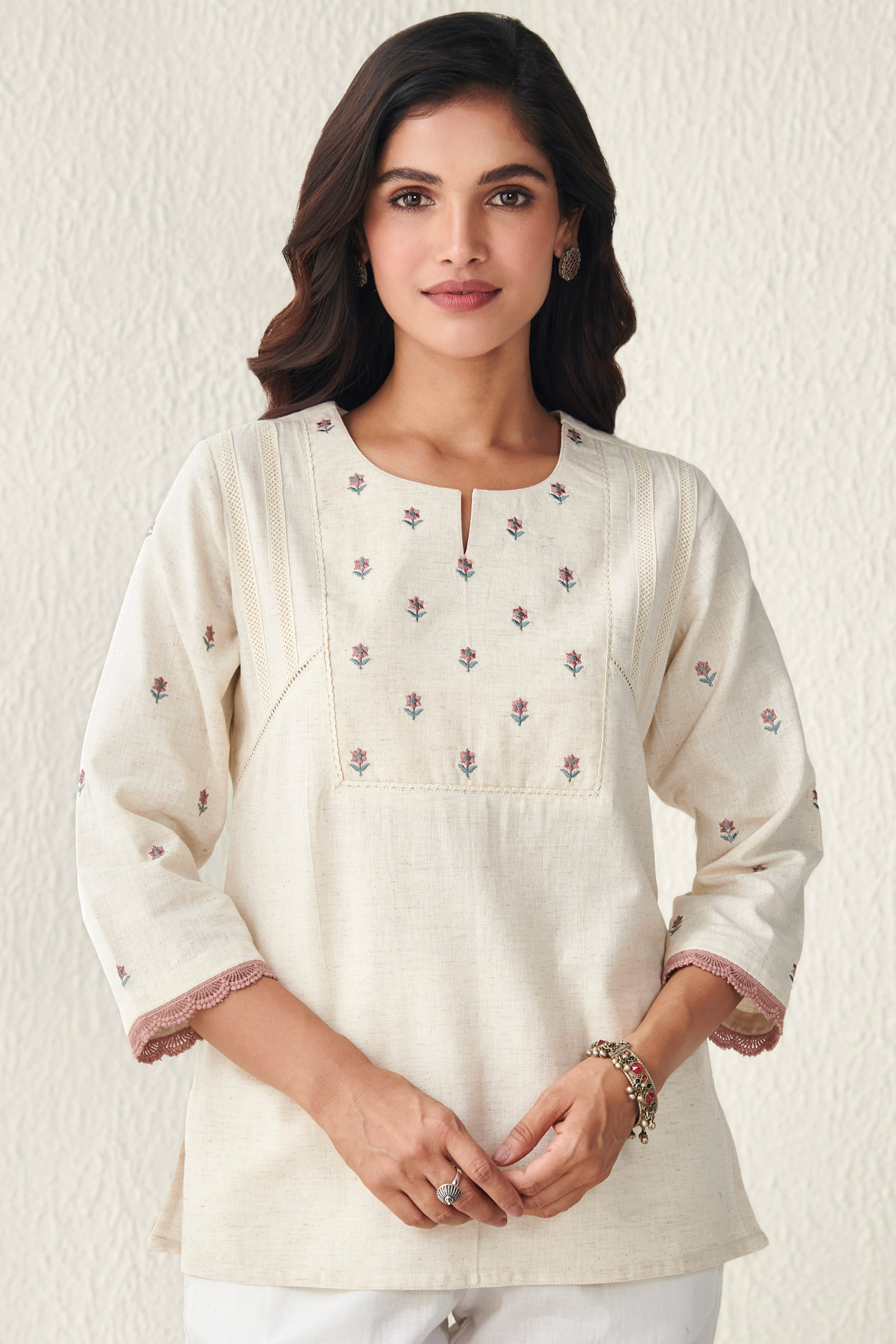 Buy Beige Handcrafted Cotton Top for Women | FGT22-17 | Farida Gupta