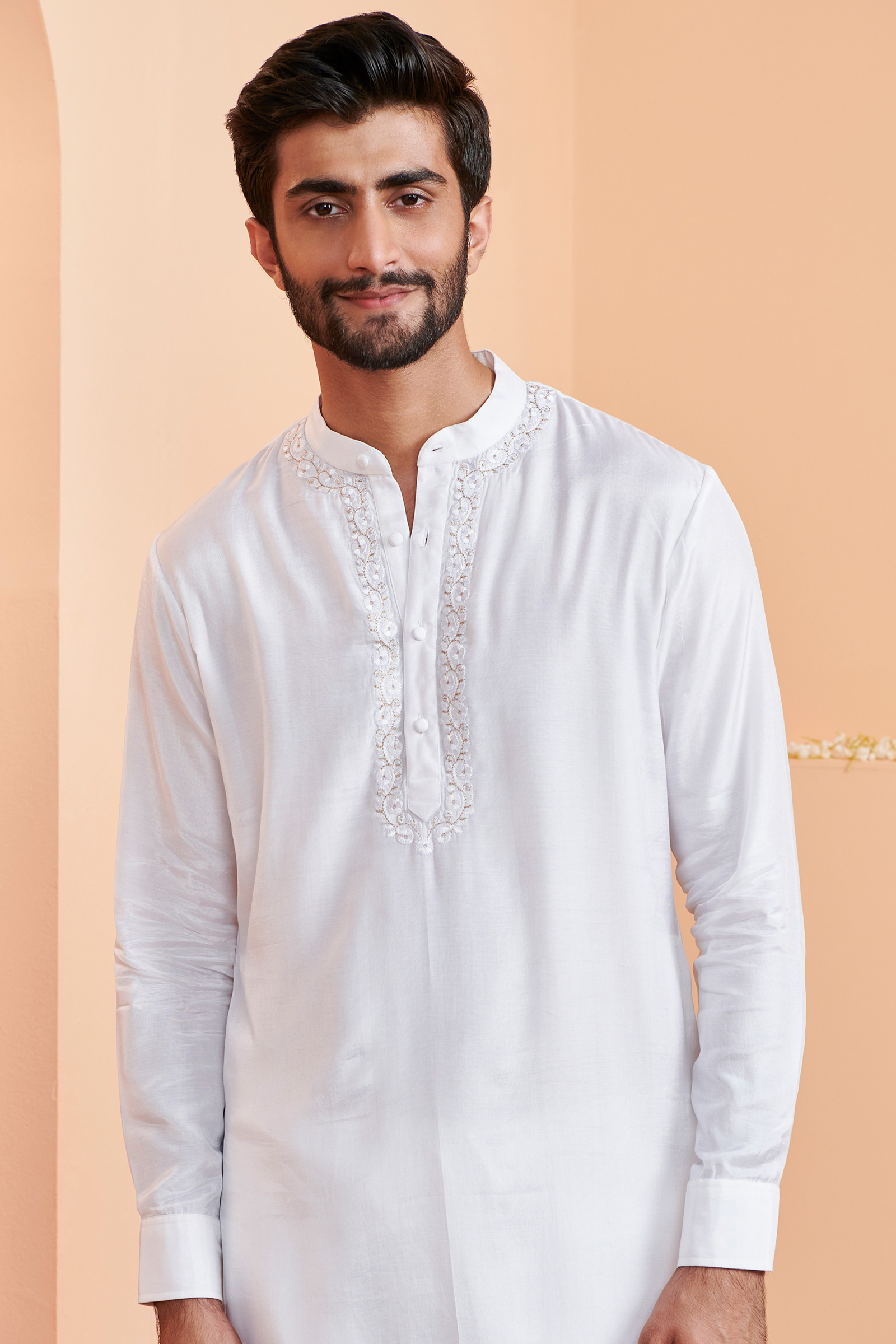 Buy White Handcrafted Modal Kurta for Men | FGMNK22-53 | Farida Gupta