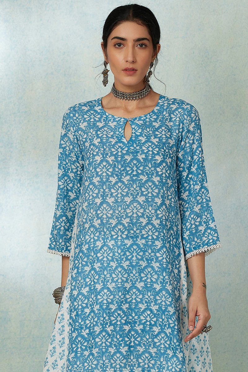 Buy Blue Block Printed A-line Cotton Short Kurta | Blue Kurta for Women ...