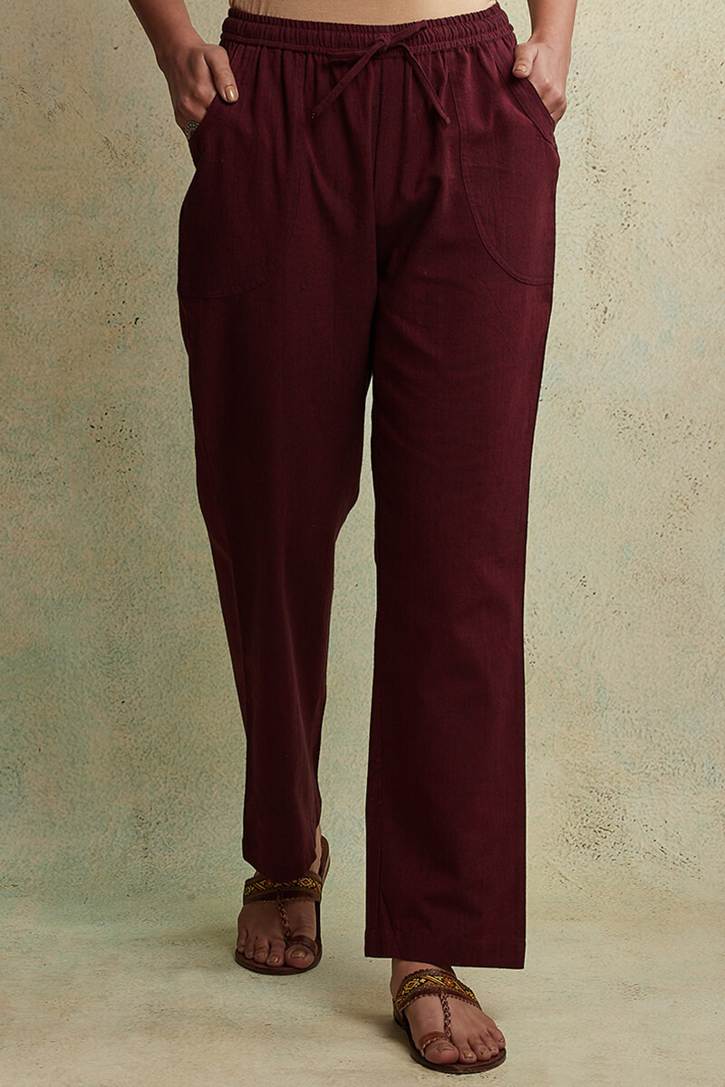 Buy Roza Maroon Handloom Pants | Maroon Pants for Women | Farida Gupta