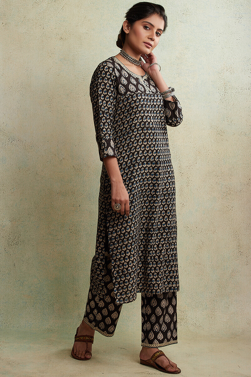 Buy Zahabiya Misha Block Printed Kurta | Black Kurtas for Women ...