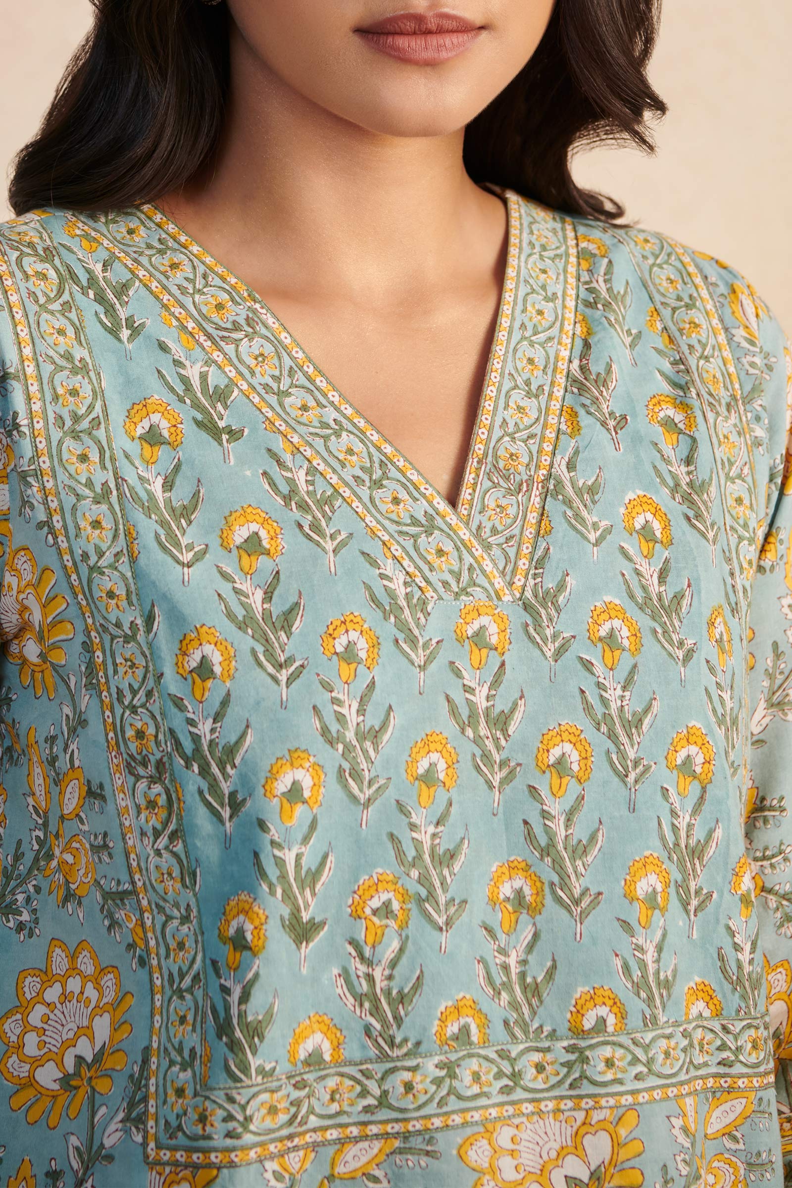 Buy Blue Block Printed Cotton Kaftan for Women | FGKF22-13 | Farida Gupta