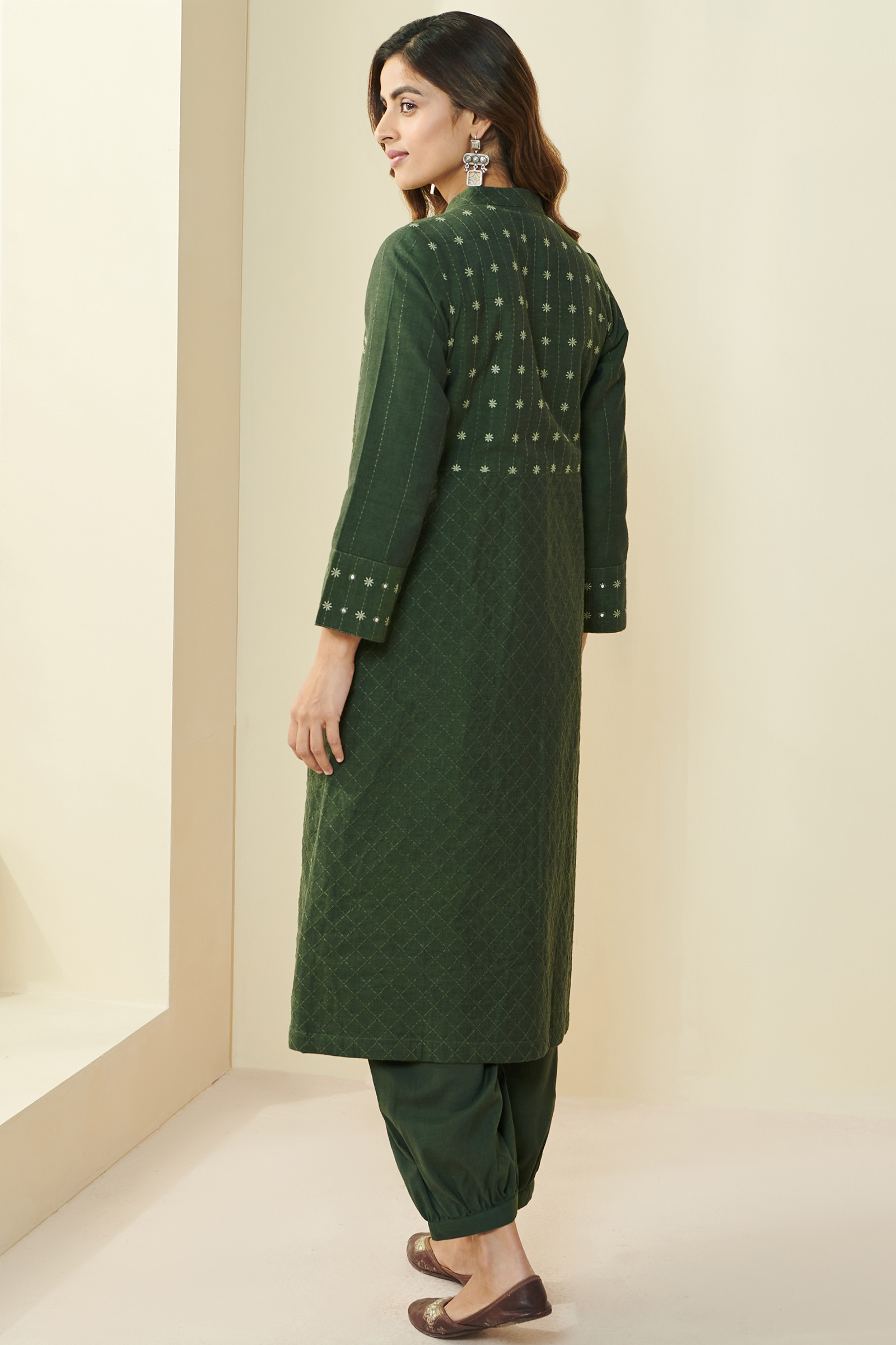 Buy Green Handcrafted Handloom Long Jacket for Women | FGLJ22-07 ...