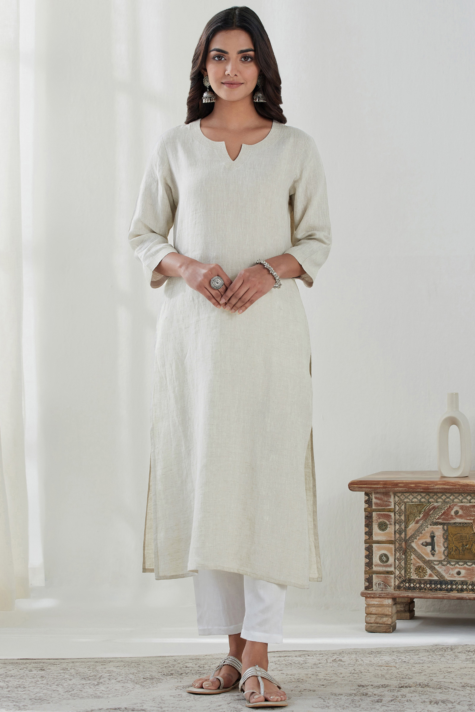Buy Beige Handcrafted Straight Linen Kurta for Women | FGMK23-344 ...