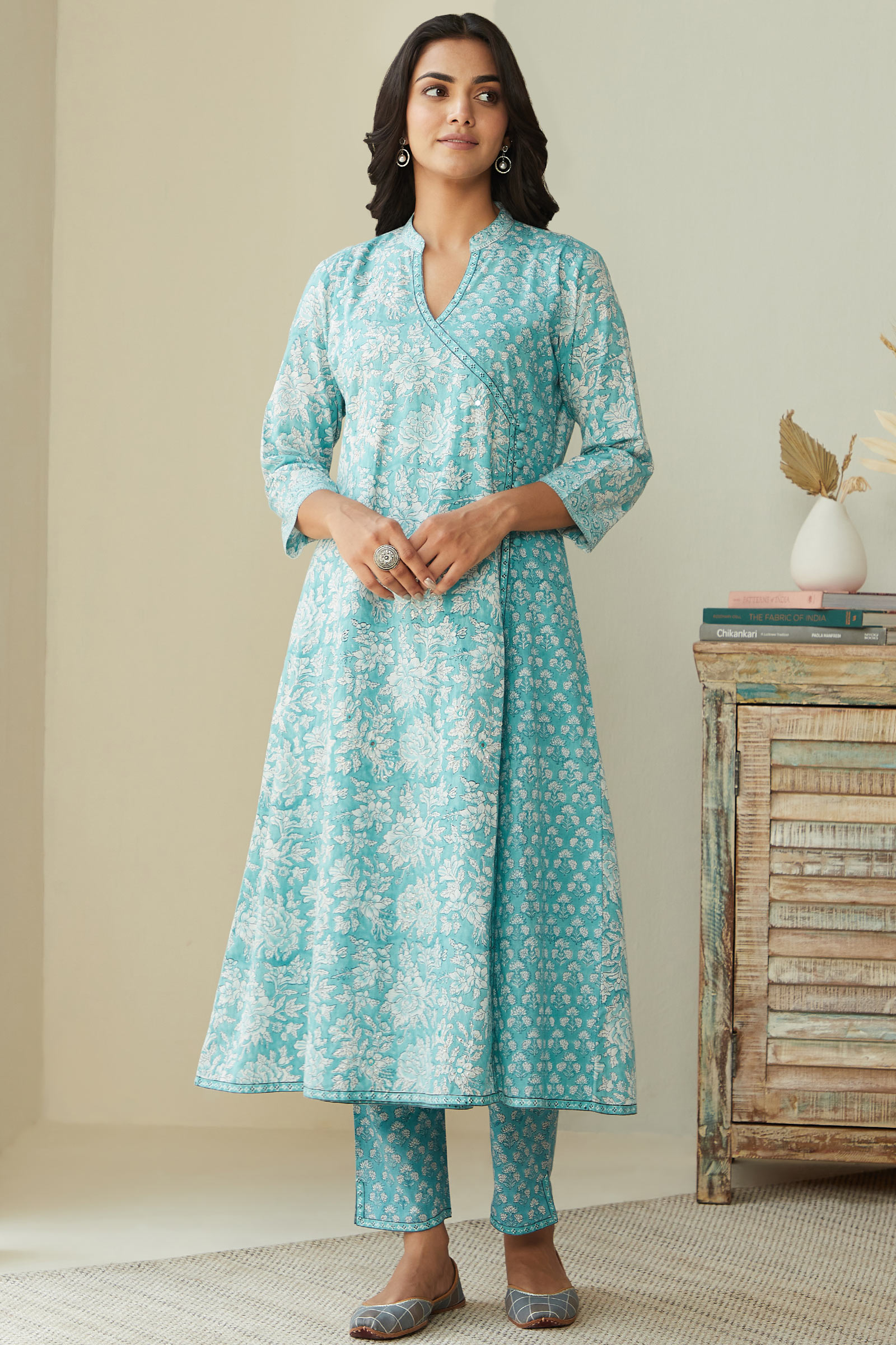 Buy Blue Hand Block Printed A Line Cotton Kurta For Women Fgmk23 278 Farida Gupta 6590