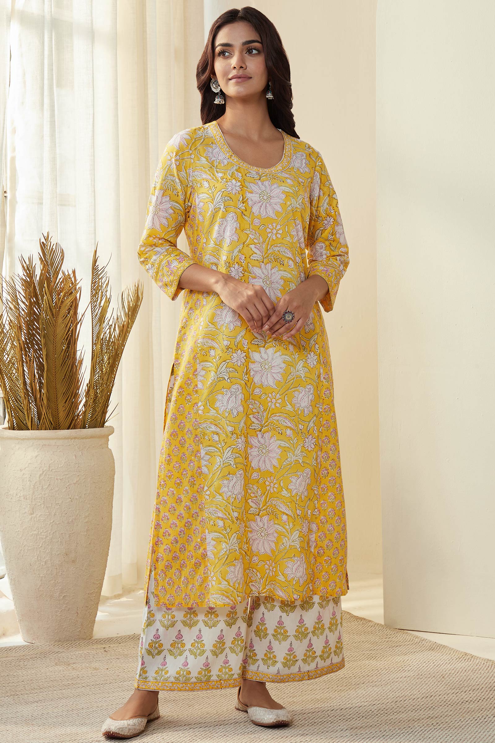 Buy Yellow Hand Block-Printed Straight Cotton Kurta for Women | FGMK23 ...