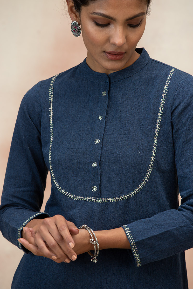 Buy Blue Handcrafted Straight Cotton Kurta for Women | FGMK20-253 ...