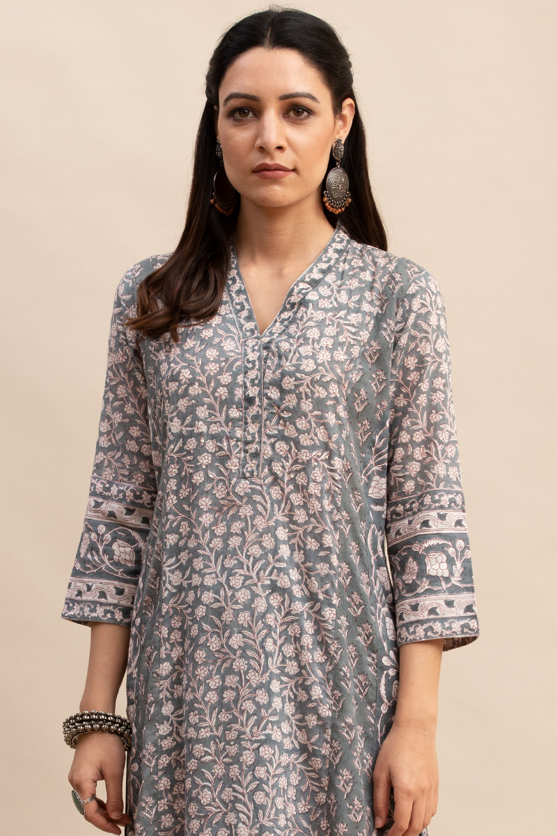 Buy Grey Block Printed Straight Cotton Kurta | Green Kurta for Women ...