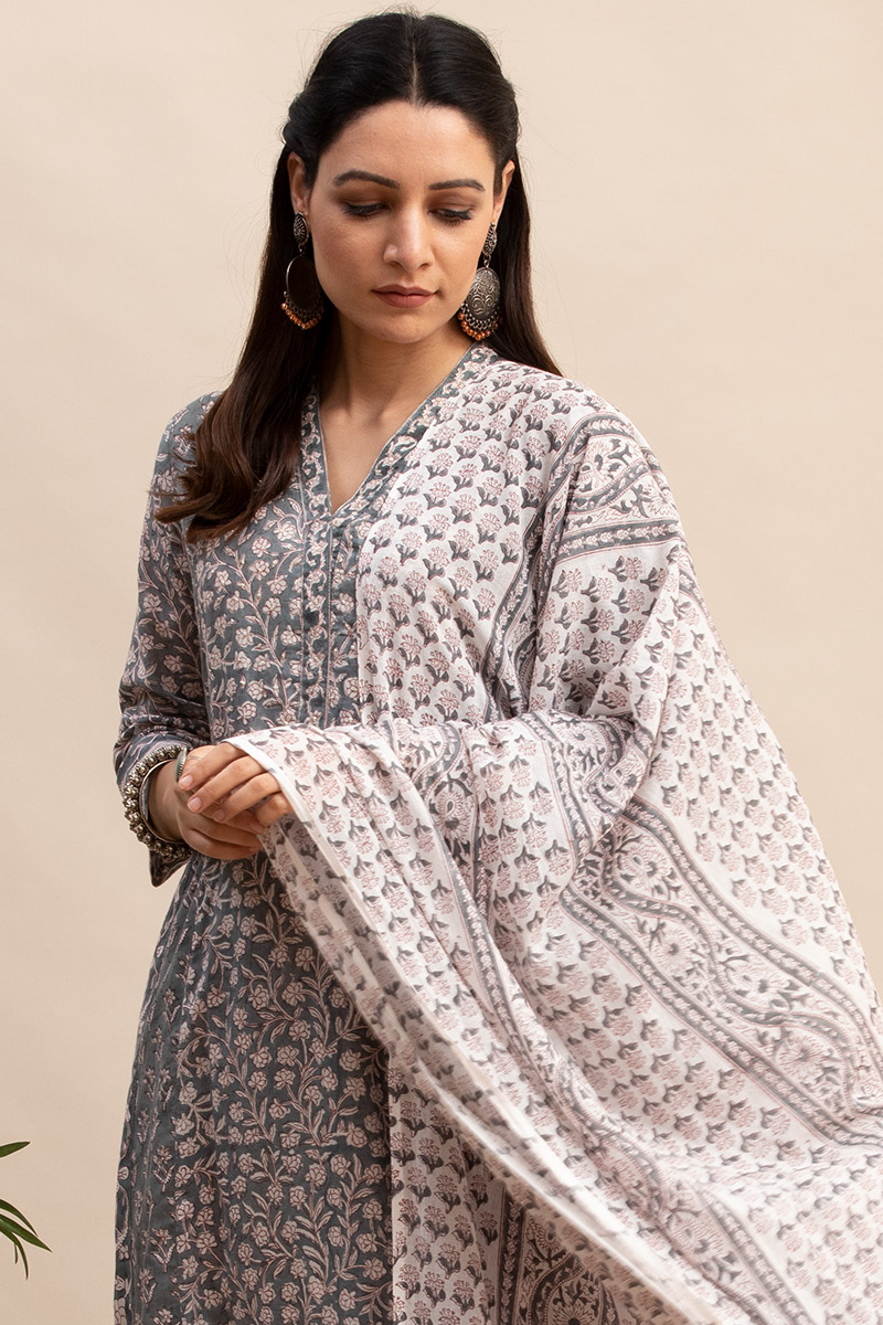 Buy Grey Block Printed Straight Cotton Kurta Green Kurta For Women Farida Gupta 0399