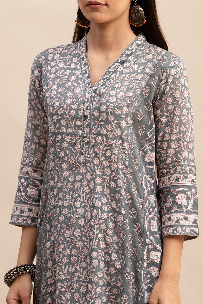 Buy Grey Block Printed Straight Cotton Kurta Green Kurta For Women Farida Gupta 7277