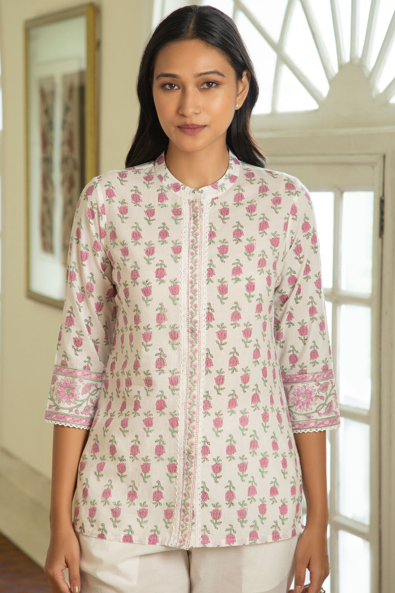 Buy White Block Printed Cotton Top for Women | FGT21-37 | Farida Gupta