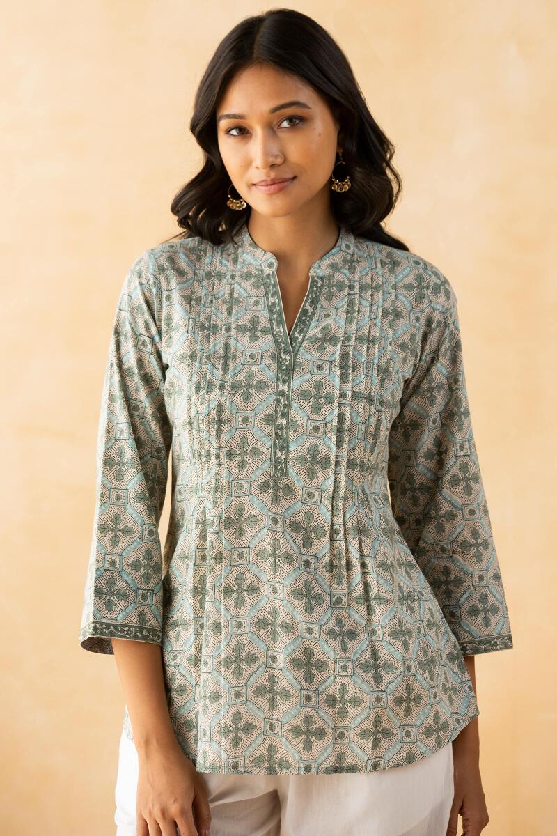 Buy Grey Block Printed Cotton Top for Women | FGT21-05 | Farida Gupta