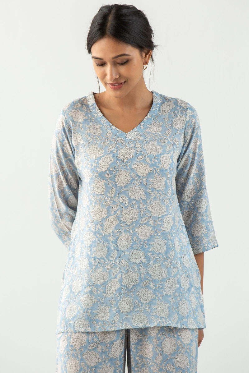 Buy Blue Block Printed Cotton Nightsuit | Blue Pajama Set for Women | Farida  Gupta