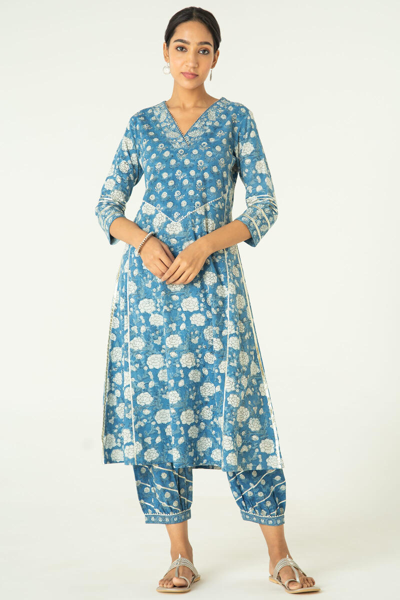 Buy Indigo Block Printed A-Line Cotton Kurta for Women | FGMK21-51 ...