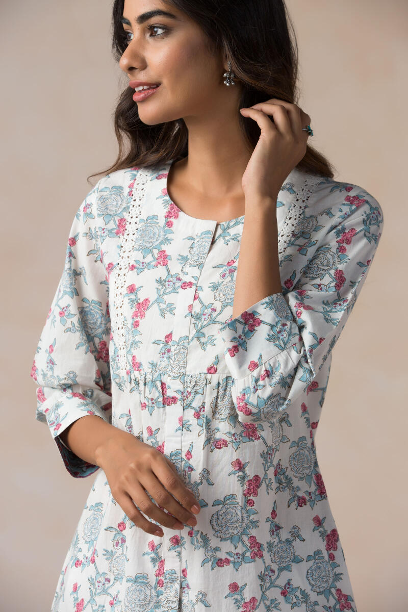 Buy Blue Block Printed Cotton Top for Women | FGT21-13 | Farida Gupta