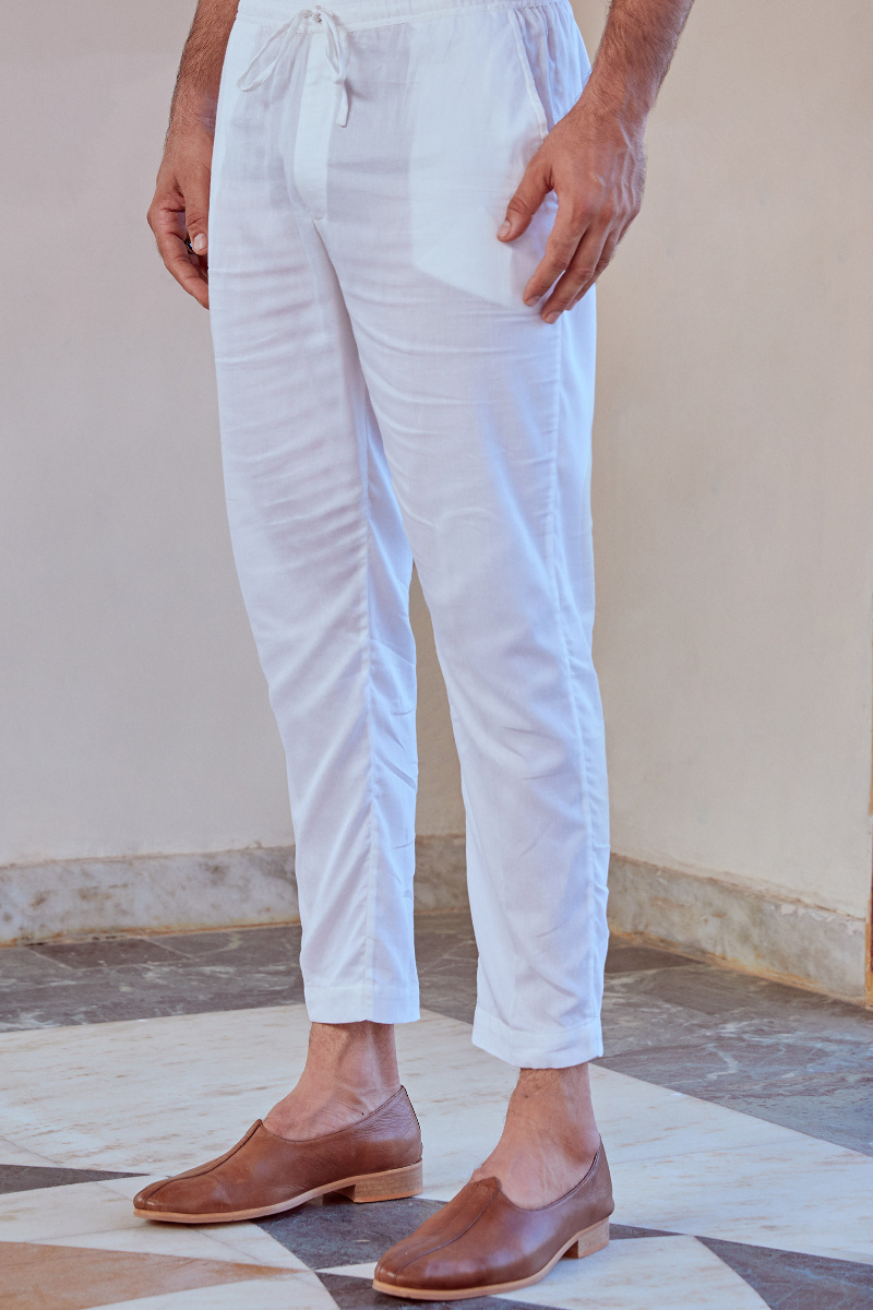 Buy White Handcrafted Vegan Silk Pants for Men | FGMNSP21-07 | Farida Gupta