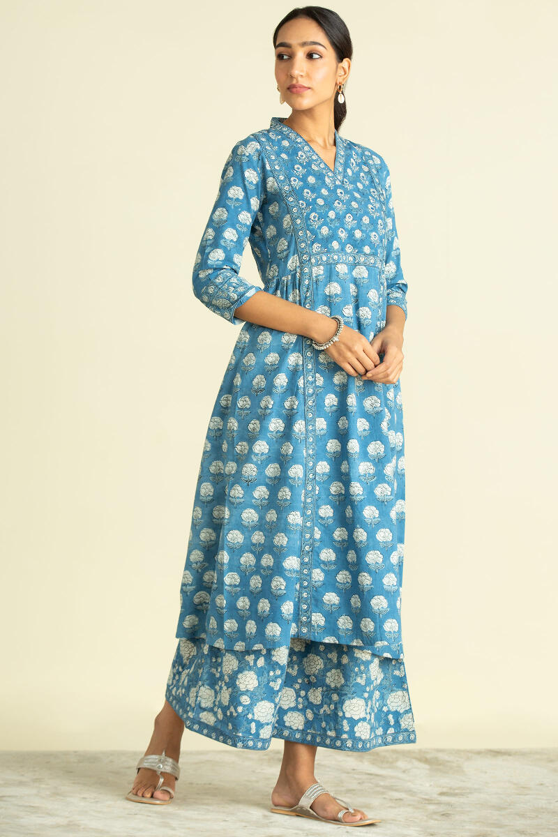 Buy Indigo Block Printed A-Line Cotton Kurta for Women | FGMK21-50 ...