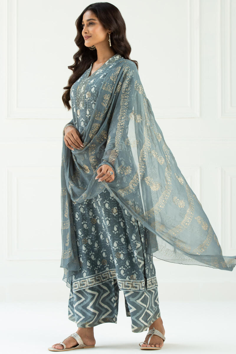 Buy Grey Handcrafted Chiffon Dupatta for Women | FGD21-98 | Farida Gupta