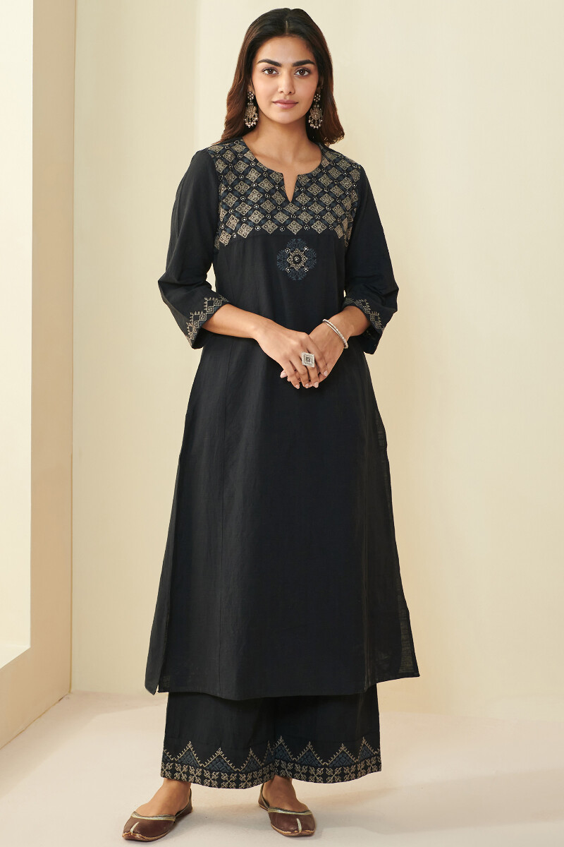 Buy Black Handcrafted Straight Handloom Kurta for | FGMK22-202 | Farida ...