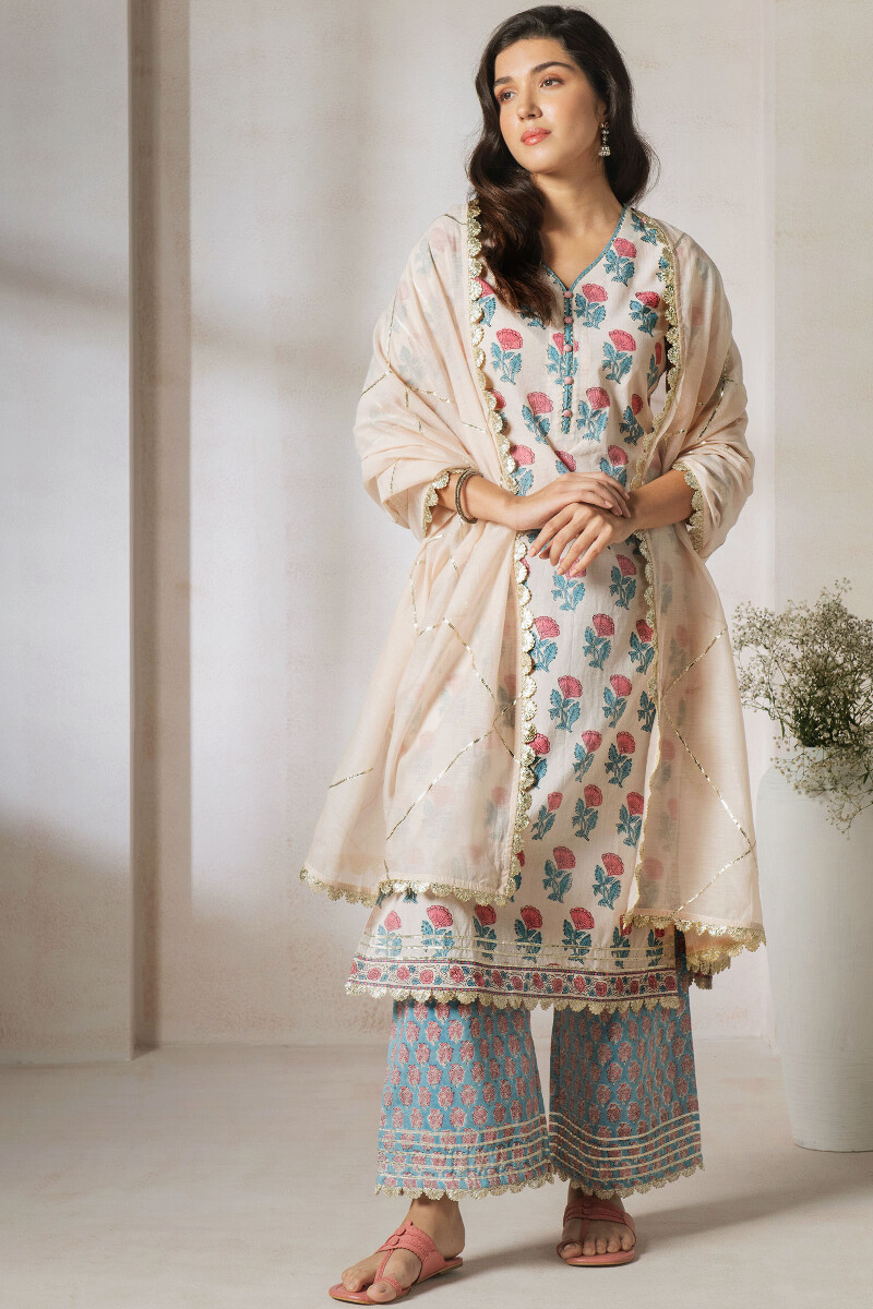 Buy Off-white Block Printed Straight Cotton Kurta For Women 