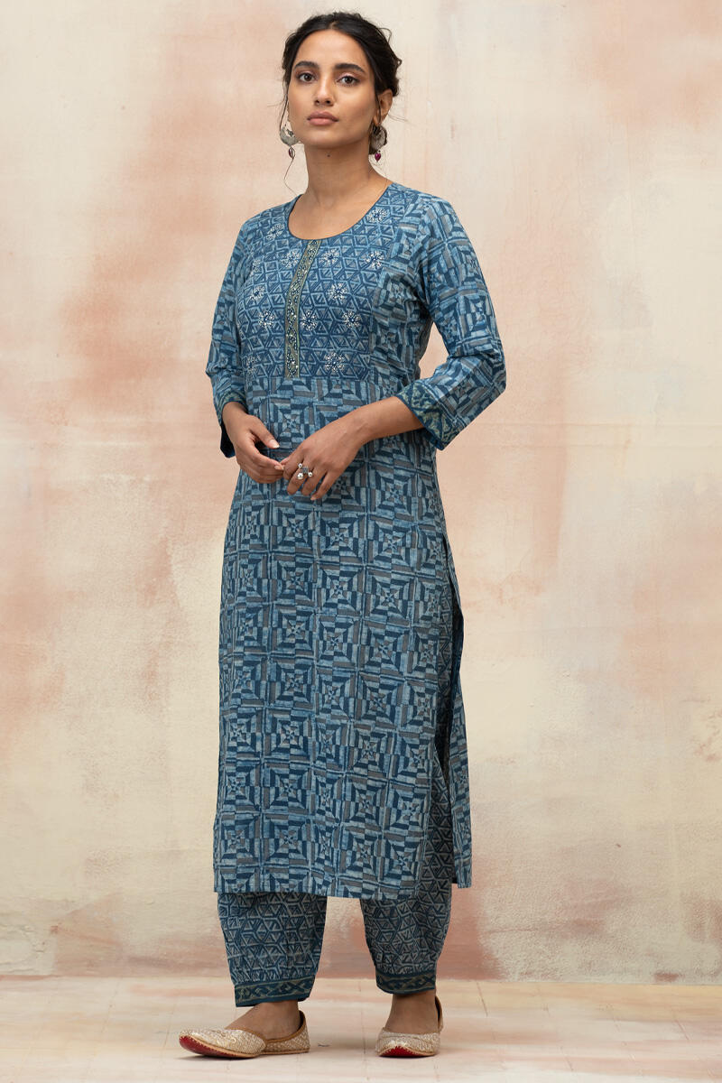 Buy Indigo Block Printed Straight Cotton Kurta for Women | FGMK20-43 ...