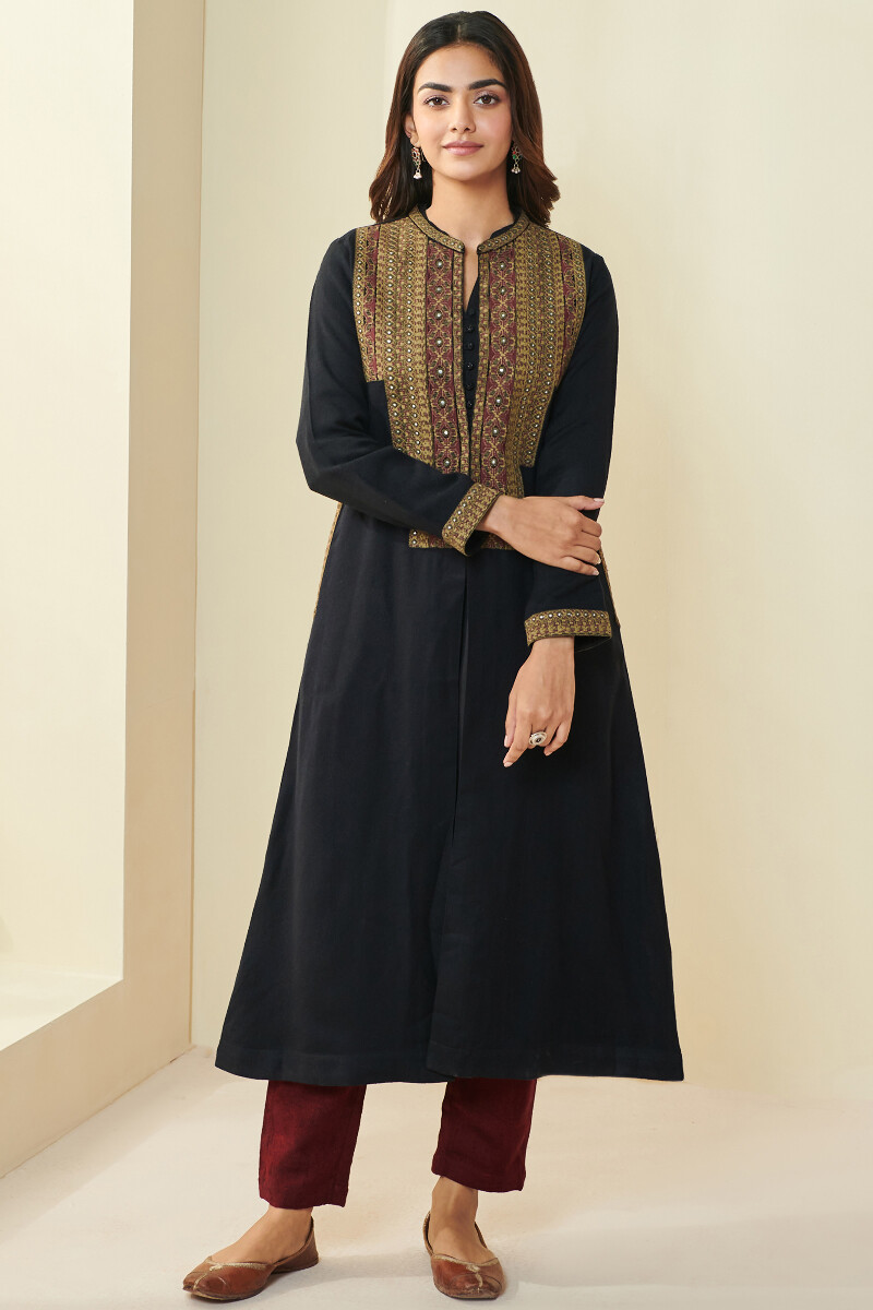 Buy Black Handcrafted Faux Wool Long Jacket for Women | FGLJ22-12 ...