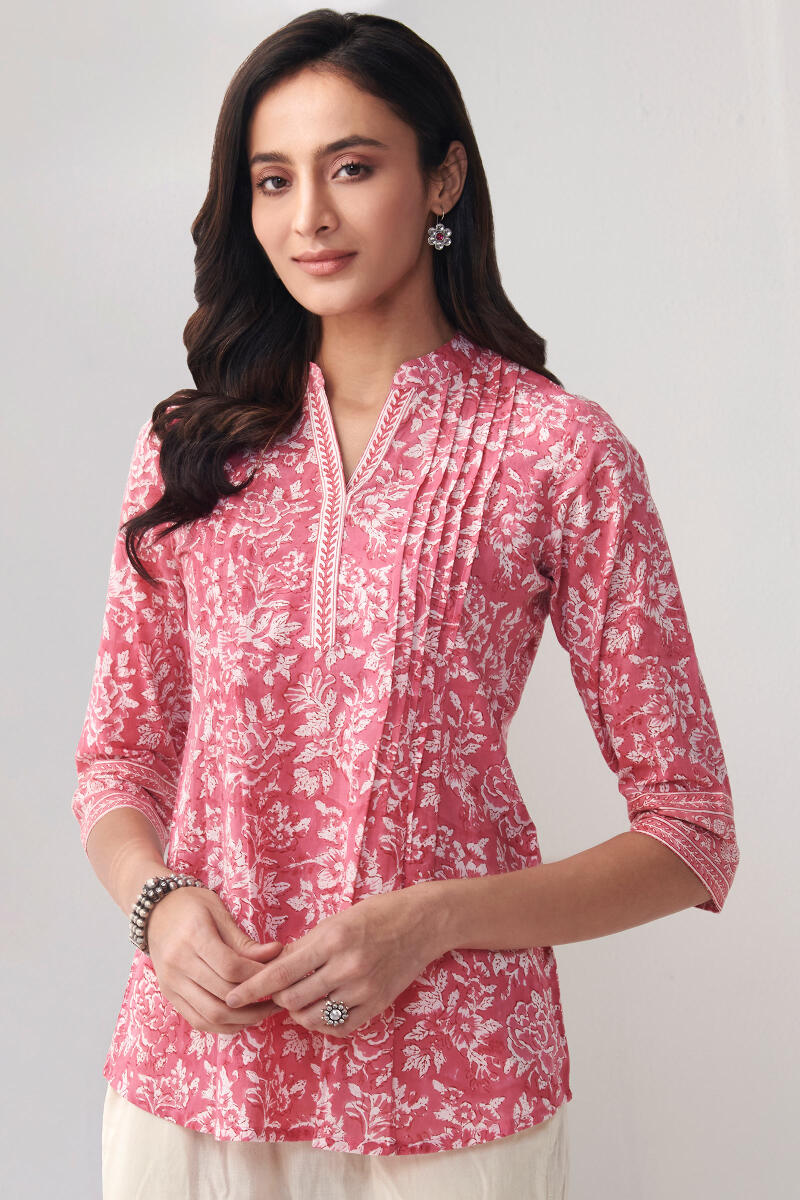 Buy Pink Hand Block Printed Cotton Top for Women | FGT22-13 | Farida Gupta