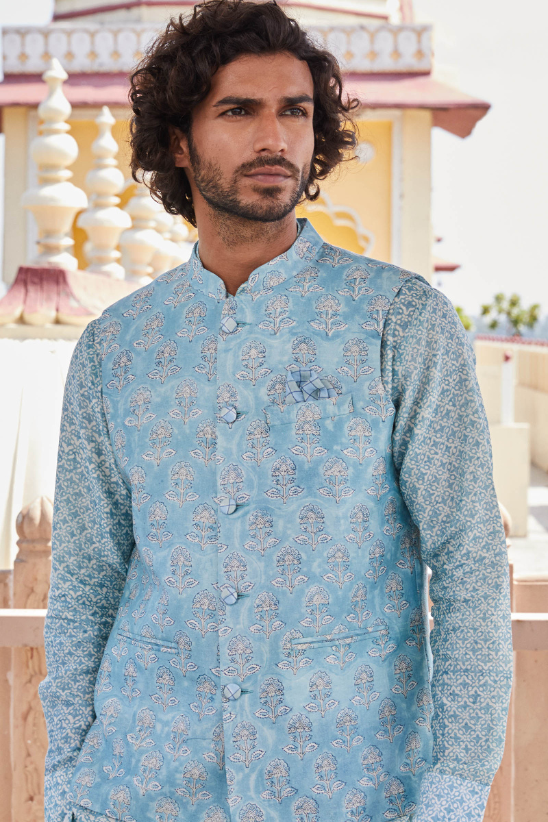 Blue printed shop nehru jacket