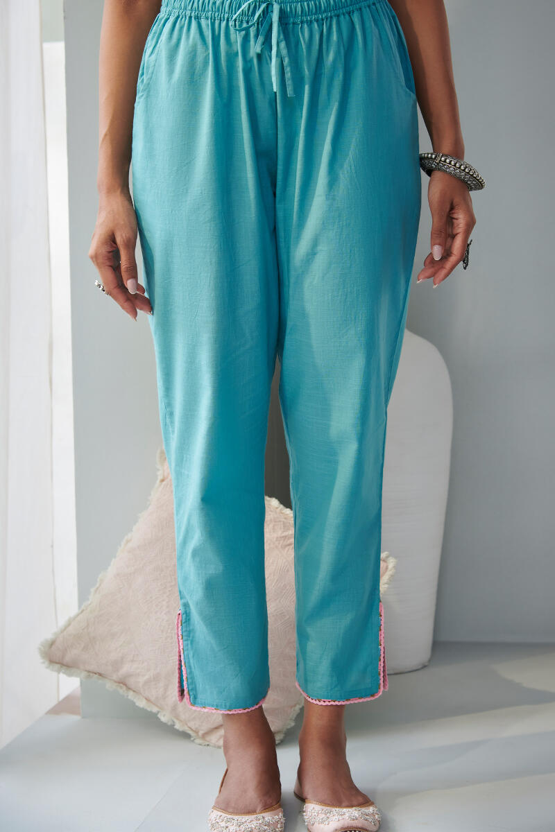 Blue Handcrafted Cotton Narrow Pants