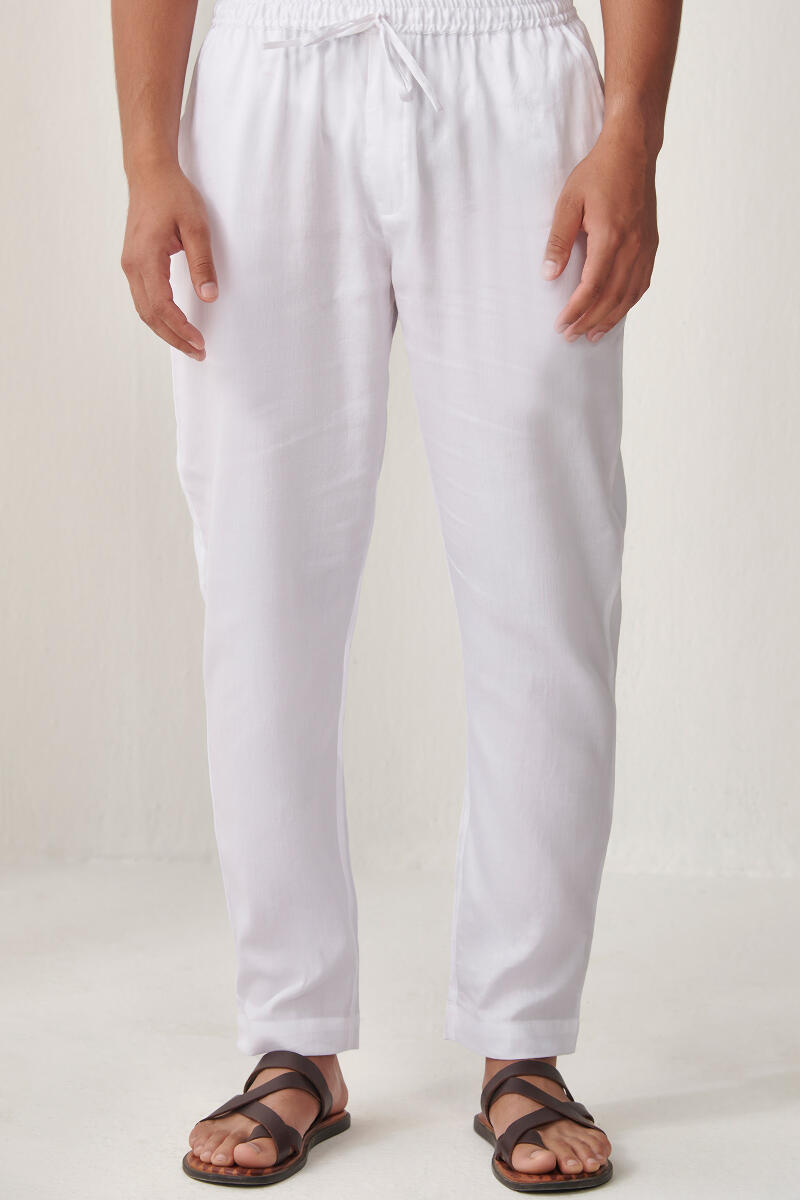 Buy White Handcrafted Vegan Silk Pants for Men | FGMNSP22-30 | Farida Gupta