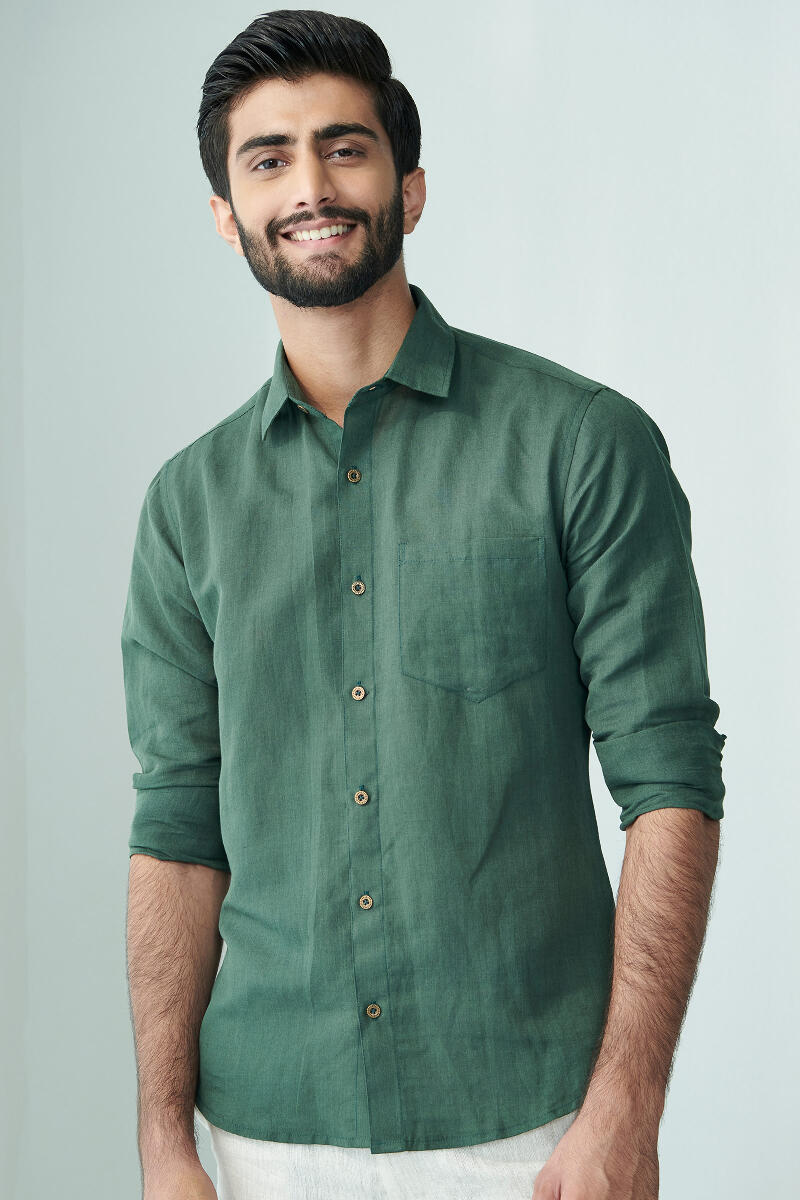 Buy Green Handcrafted Cotton Linen Shirt for Men