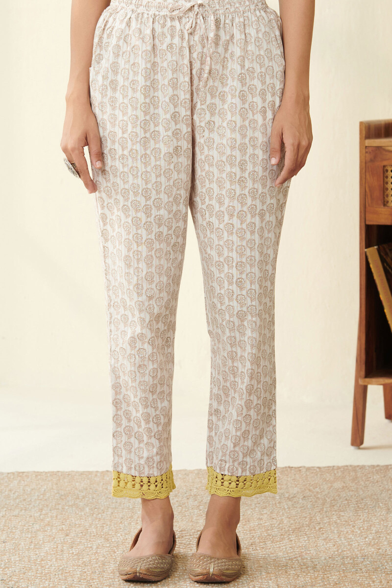 Buy Off-White Block Printed Cotton Narrow Pants for Women | FGNP21-18 |  Farida Gupta