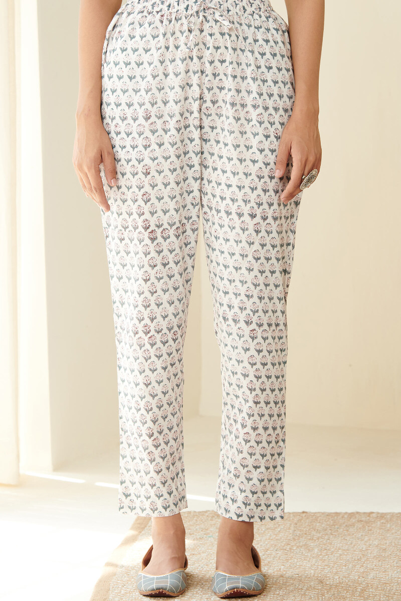 Buy Off-White Hand Block Printed Cotton Pants for Women