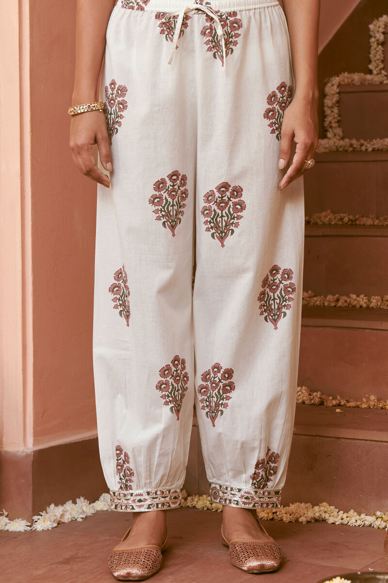 Buy Off-White Hand Block Printed Cotton Pants for Women