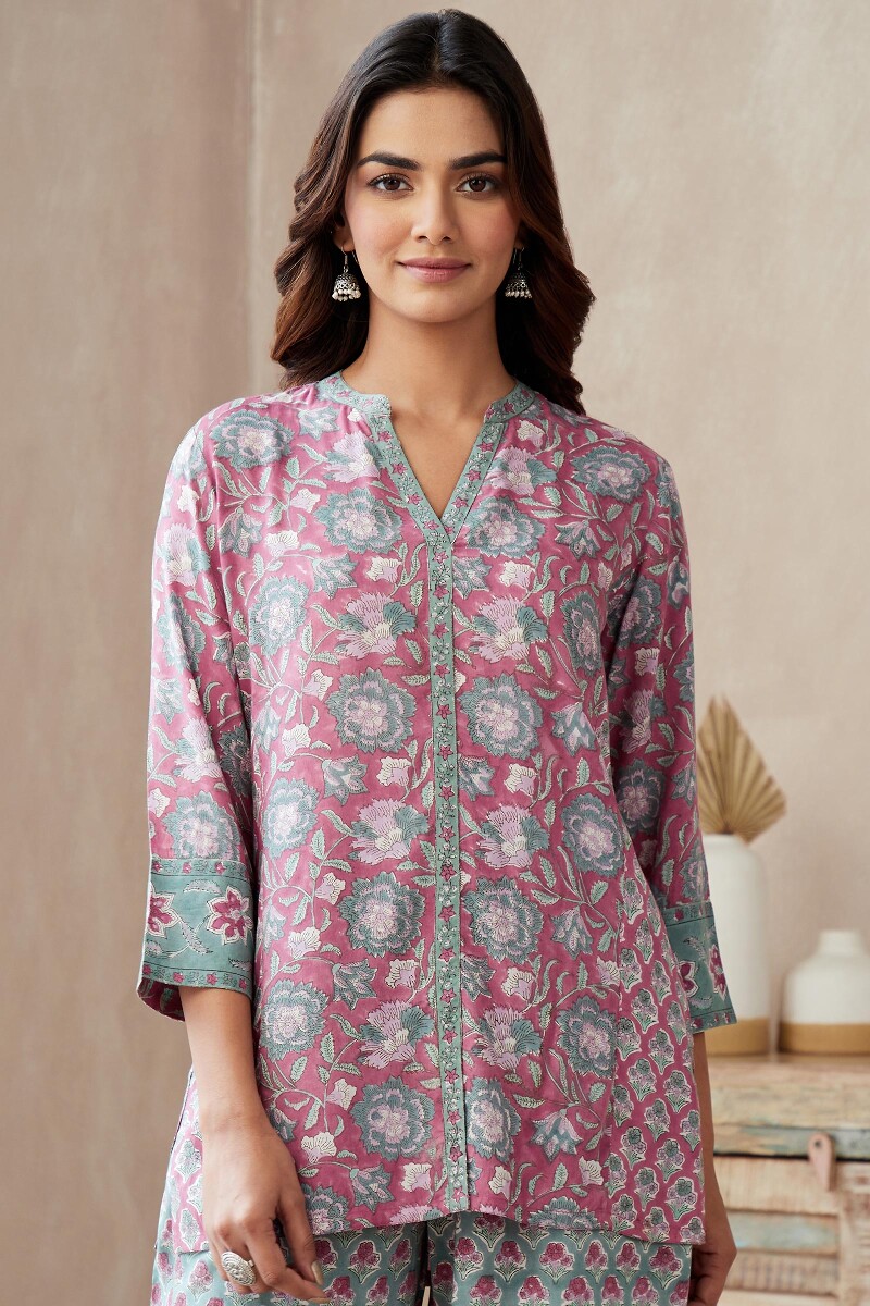 Buy Pink Hand Block Printed Viscose Loungewear Set for Women