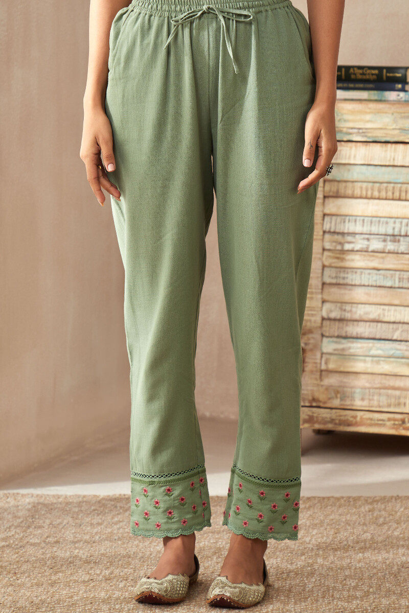 Off white cotton narrow pants with 3d embroidered flower boota at hem, –  Kora India