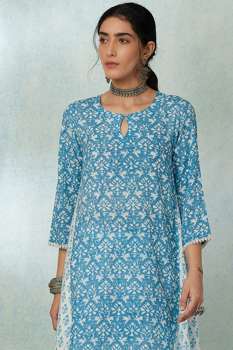 Buy Blue Block Printed A-line Cotton Short Kurta | Blue Kurta for Women ...