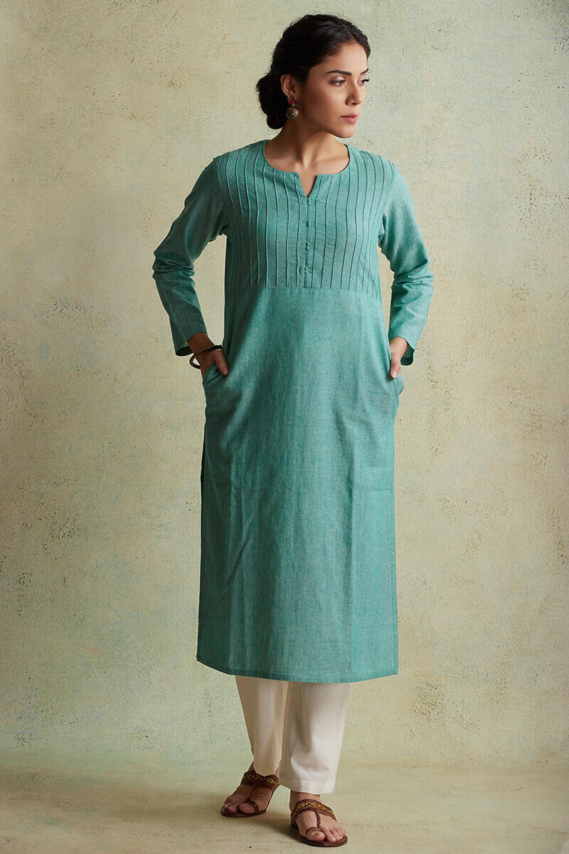 Turquoise Handloom Straight Cotton Kurta
