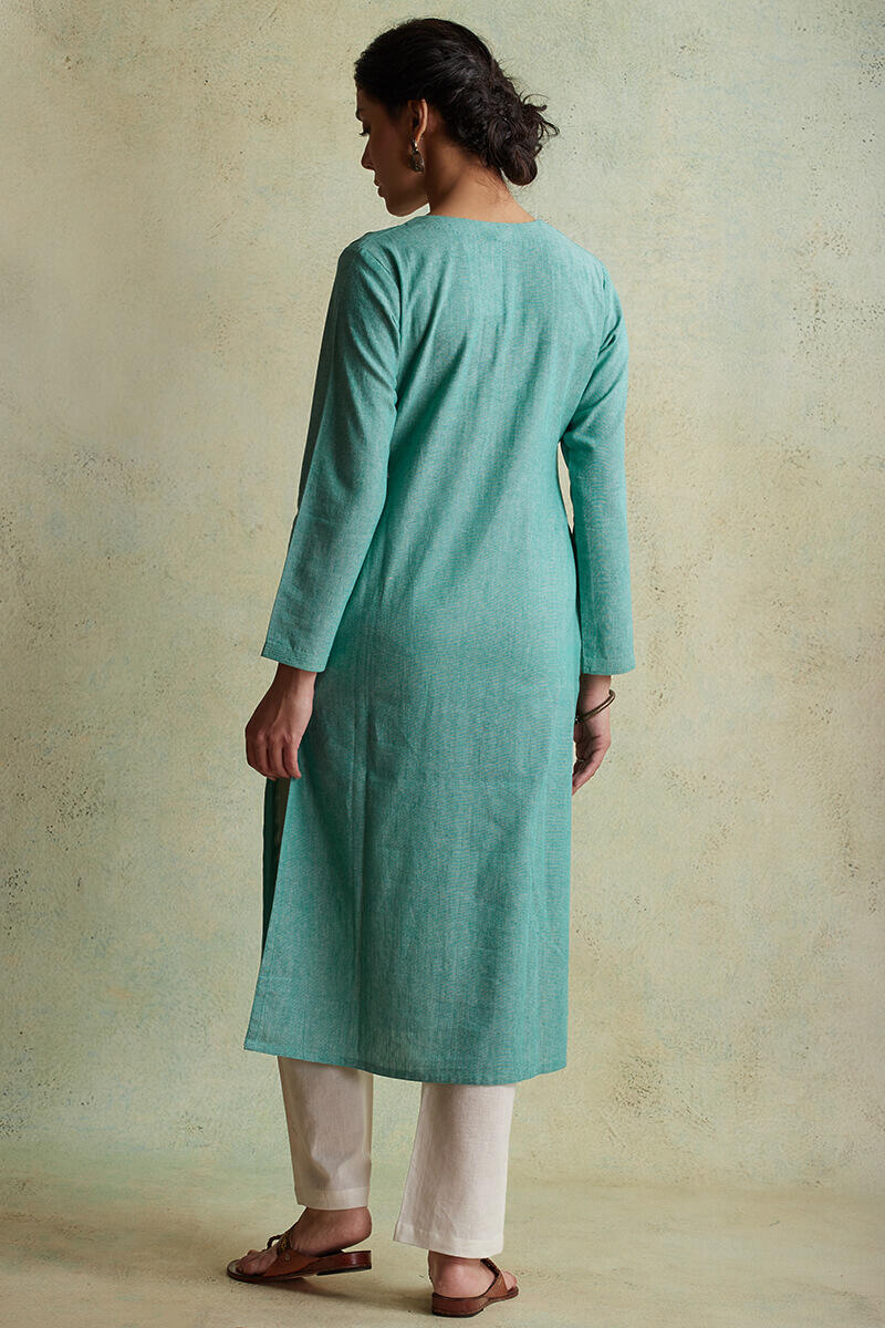 Turquoise Handloom Straight Cotton Kurta